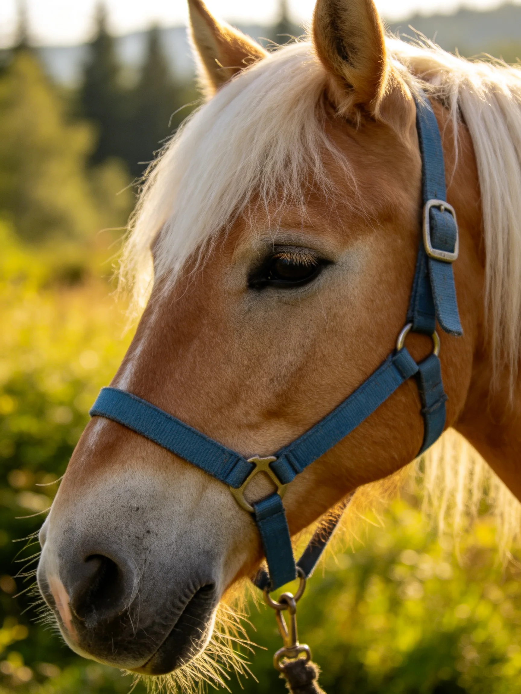 A golden - brown horse with a blue halter is in a sunlit natural setting.