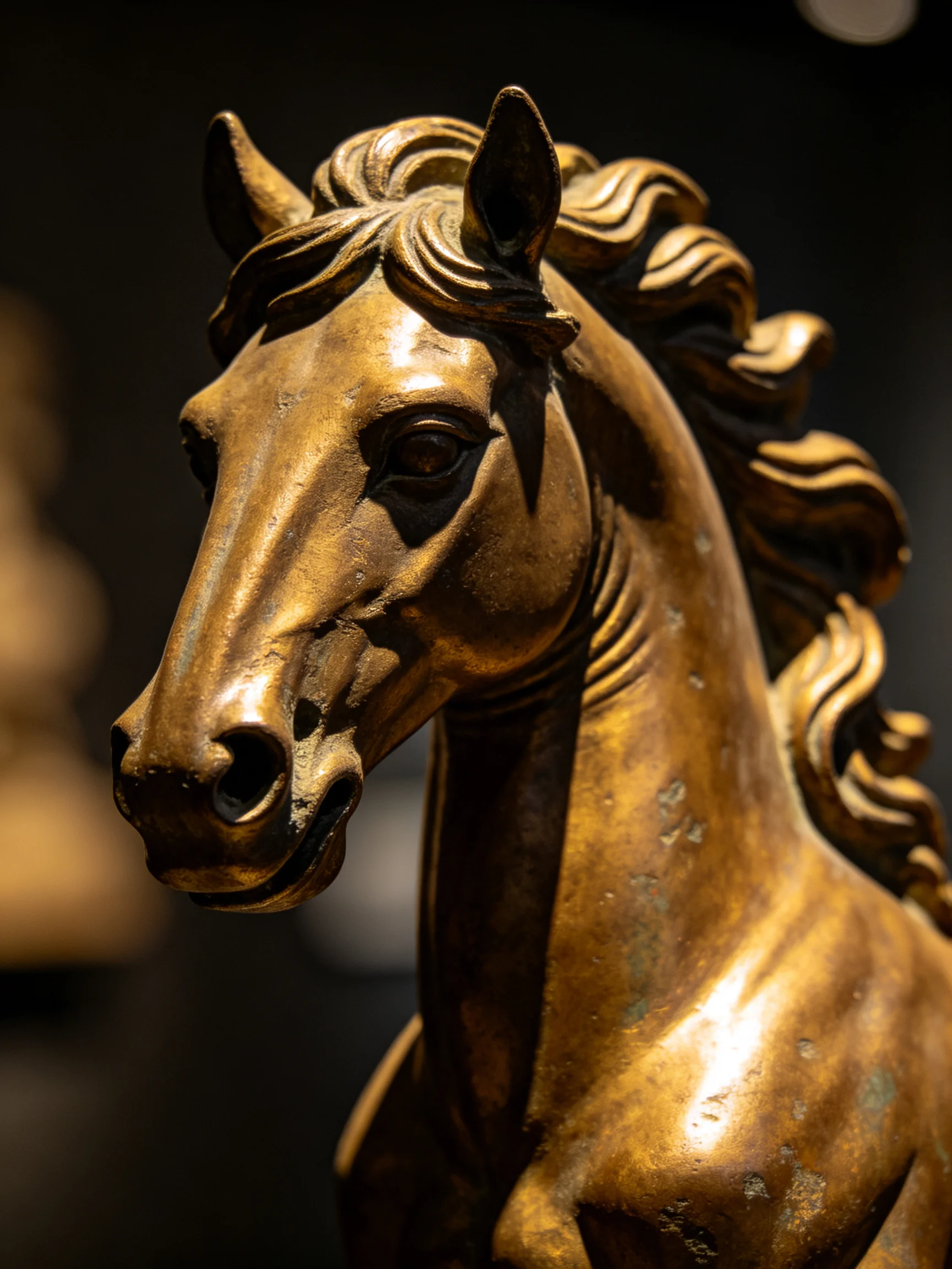 A golden - hued bronze horse statue with intricate mane details