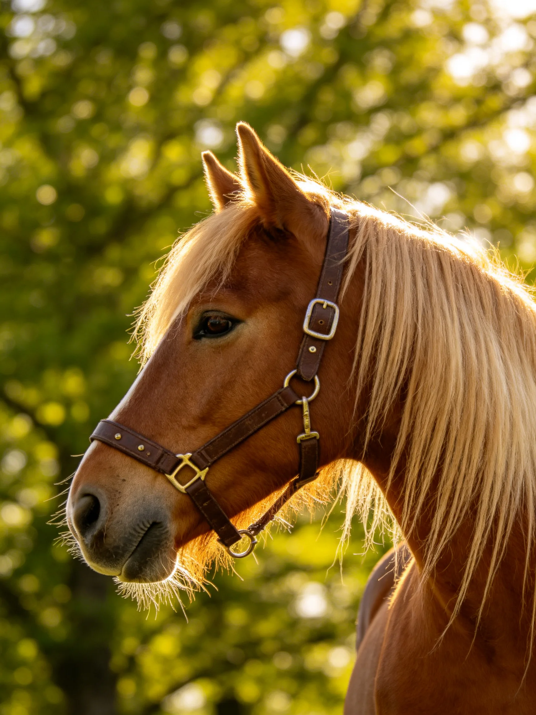 A golden - maned brown horse wearing a leather halter near lush green trees
