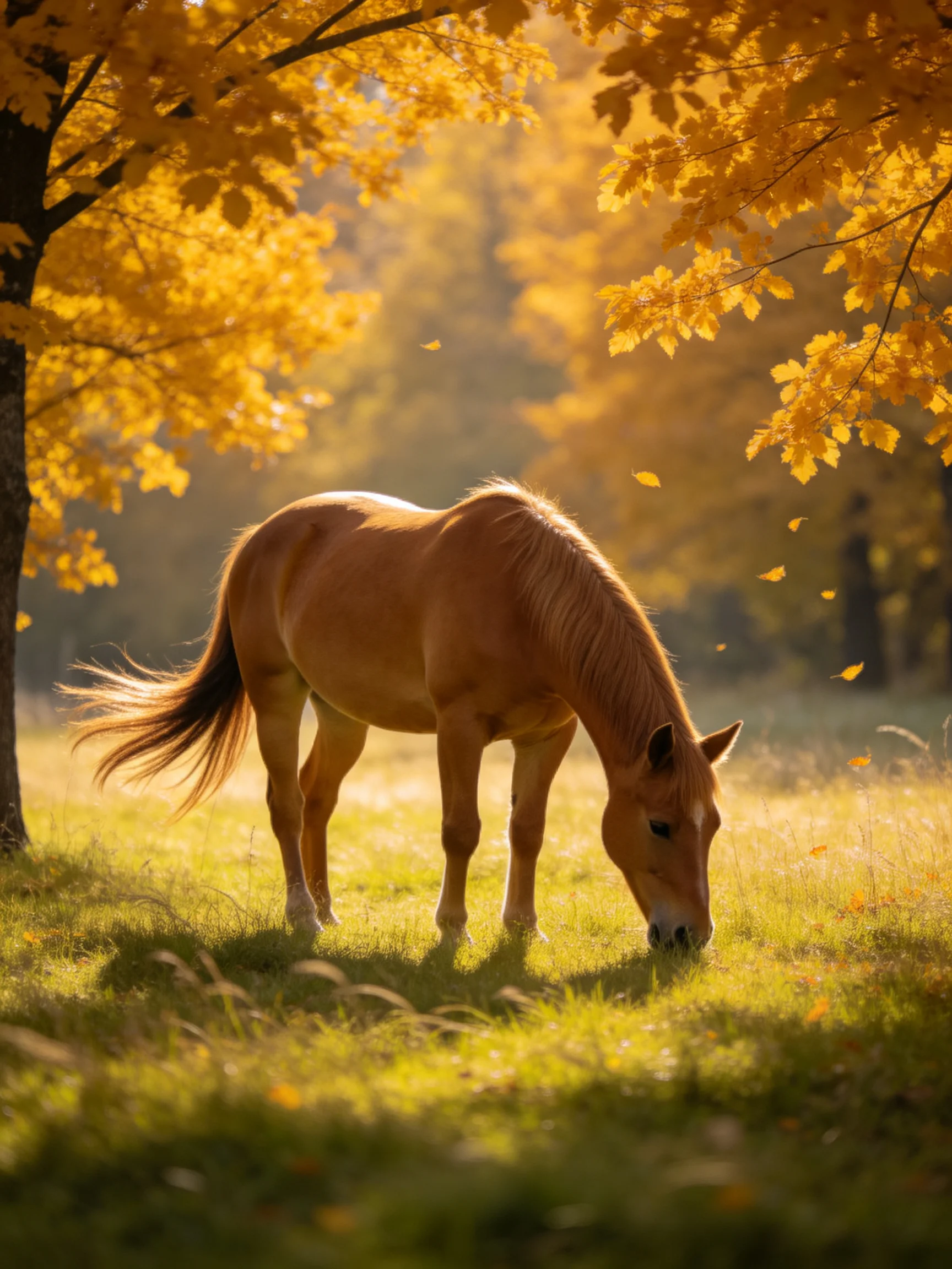 A horse grazes peacefully in a sunlit meadow surrounded by golden autumn trees.