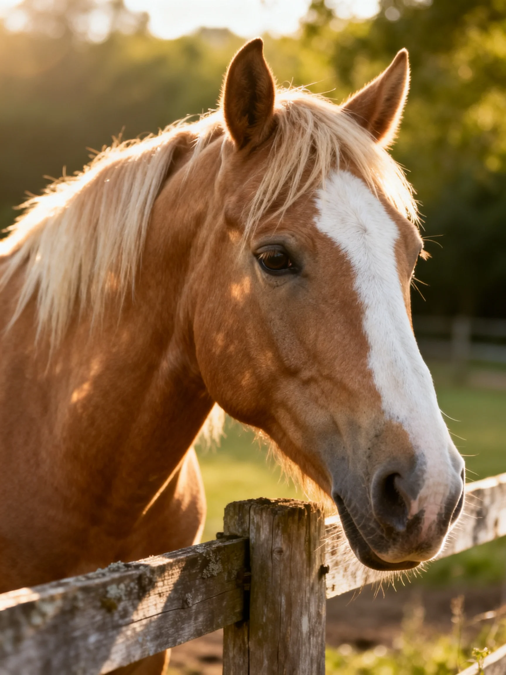 A golden-blonde horse with a white blaze approaches a rustic wooden fence in a sunlit countryside.