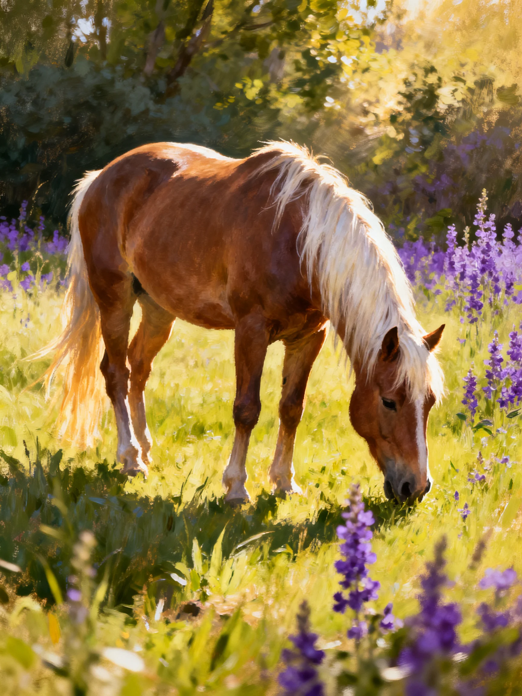 A horse grazes in a sunlit meadow dotted with purple flowers.