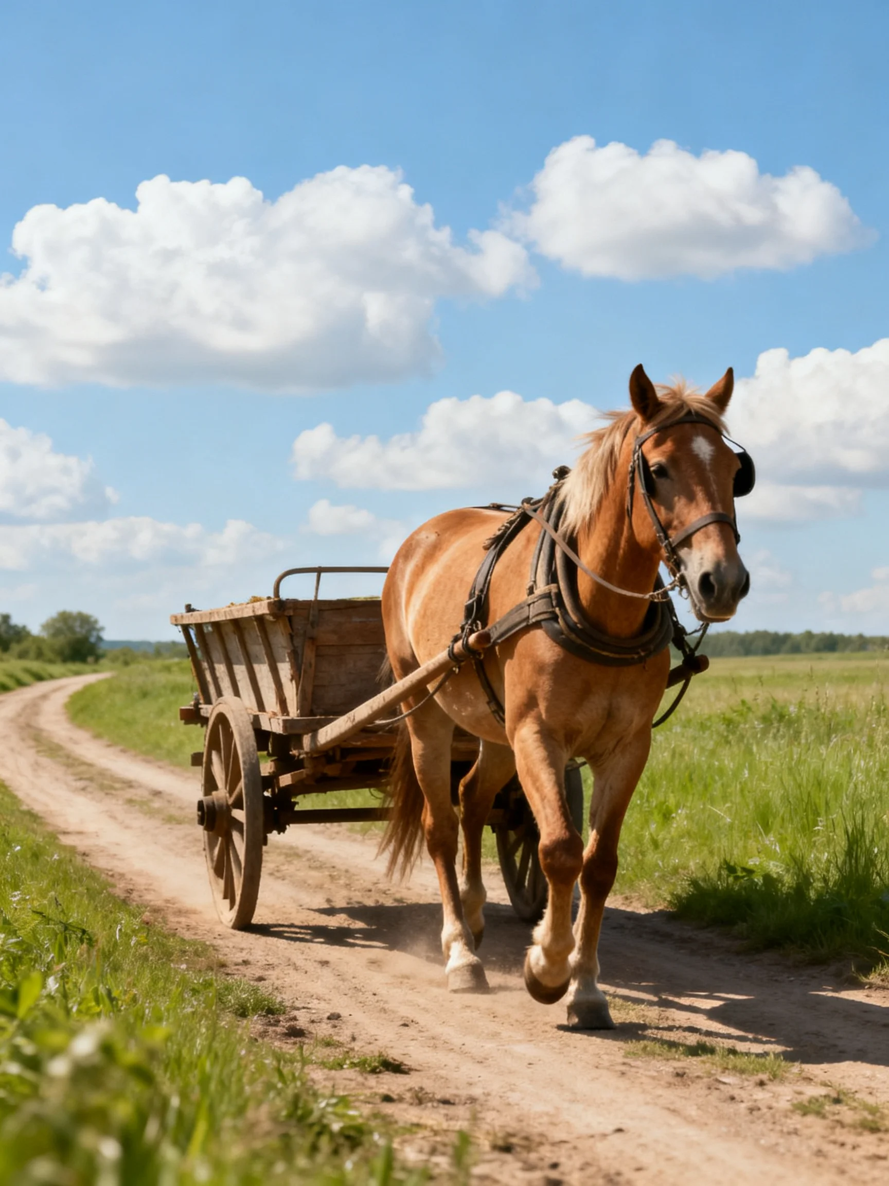 A golden-brown horse pulls a wooden cart along a sunny dirt path