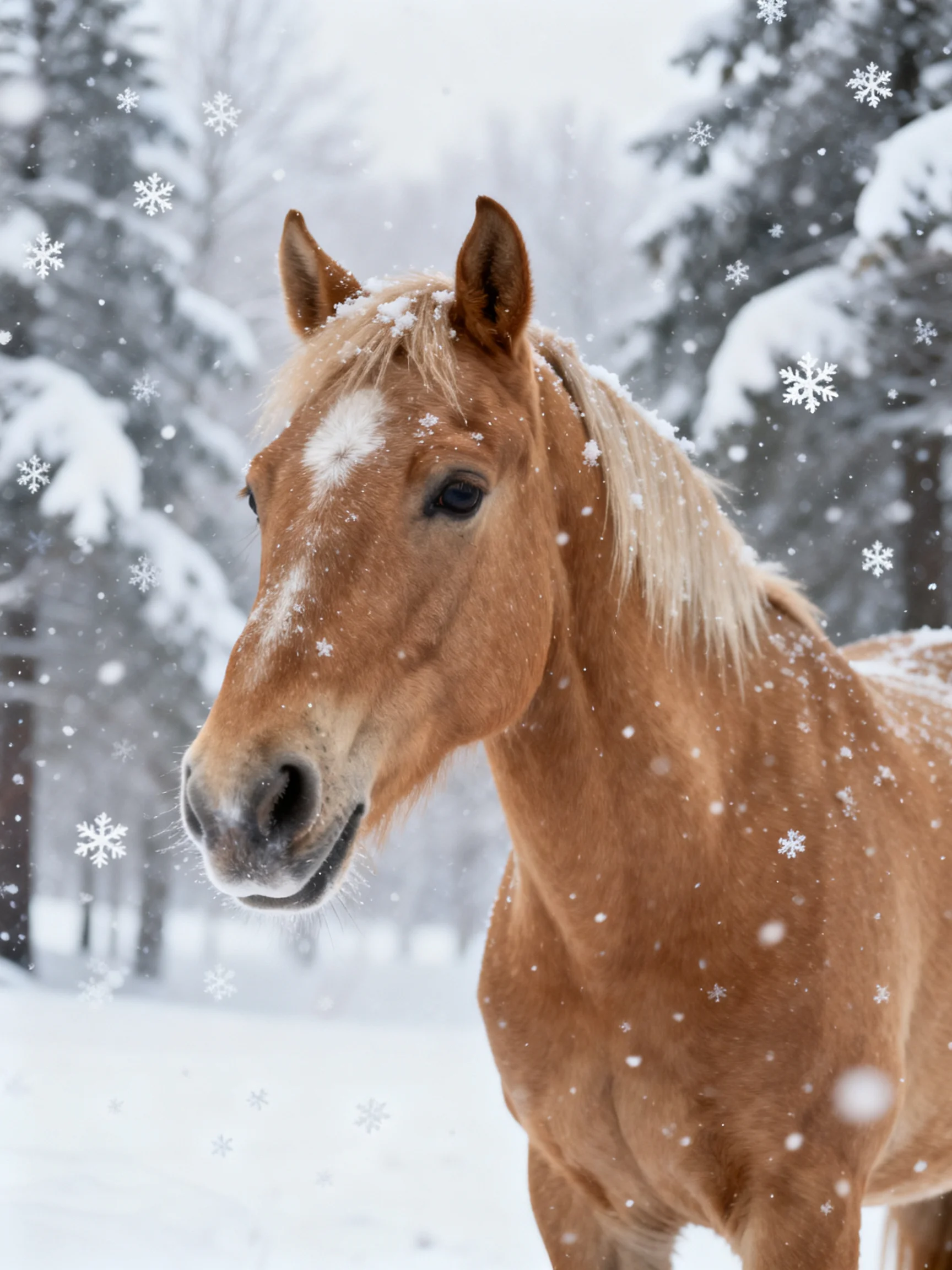 A golden-brown horse stands in a snowy forest during a snowfall.
