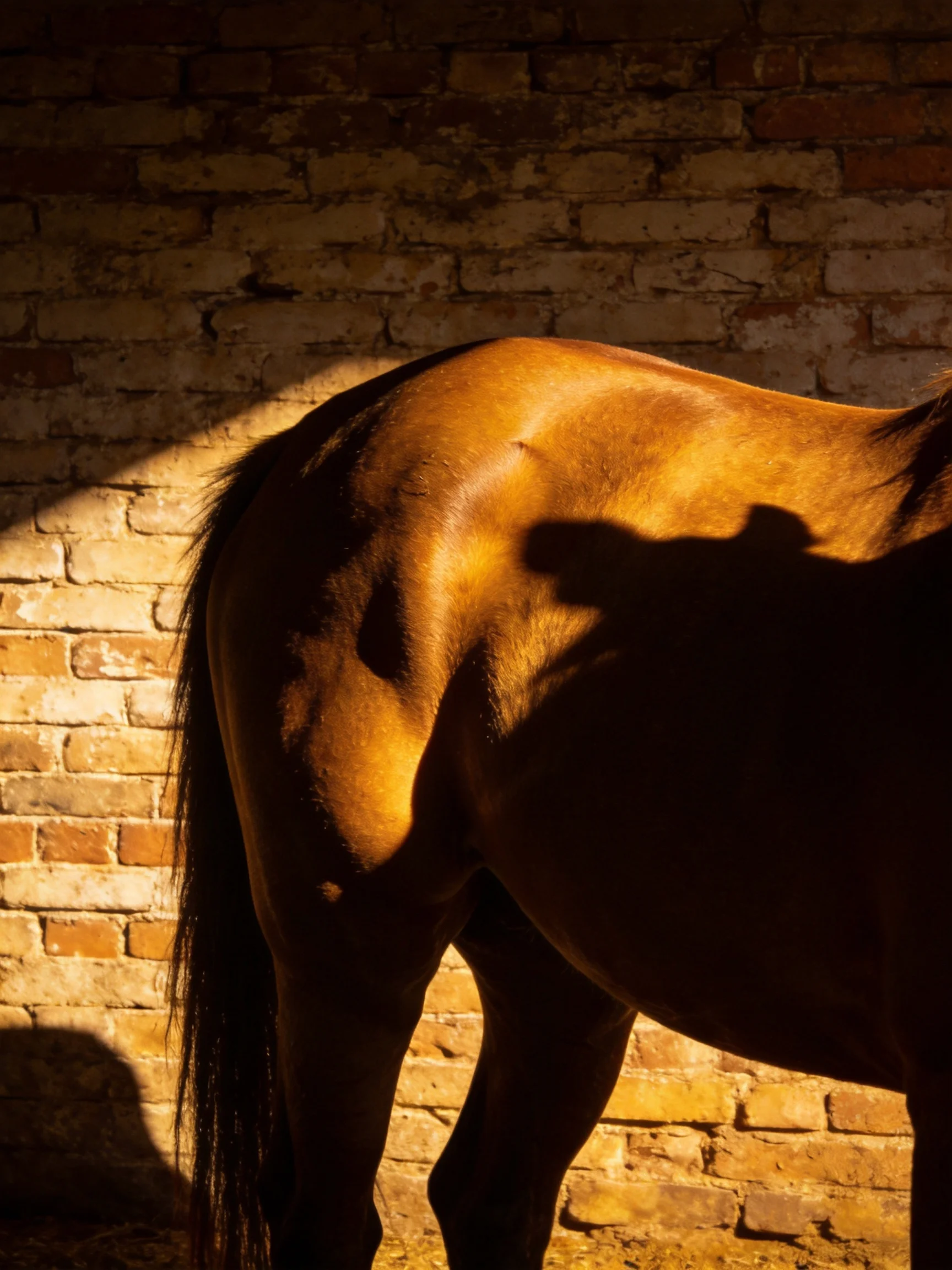 A golden-brown horse stands before an aged brick wall with dramatic shadows
