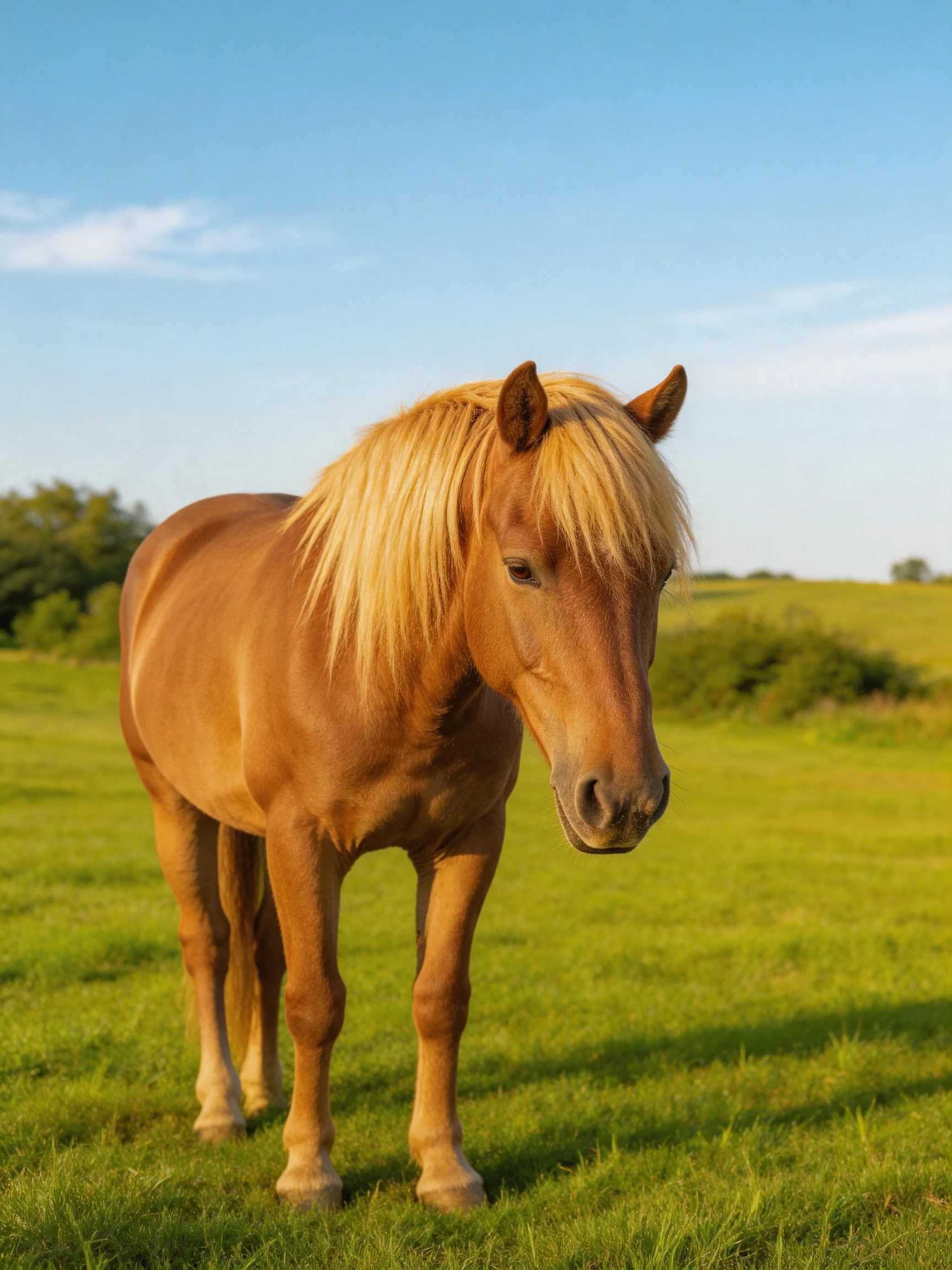 A golden-brown horse with a blonde mane stands in a sunlit green meadow.