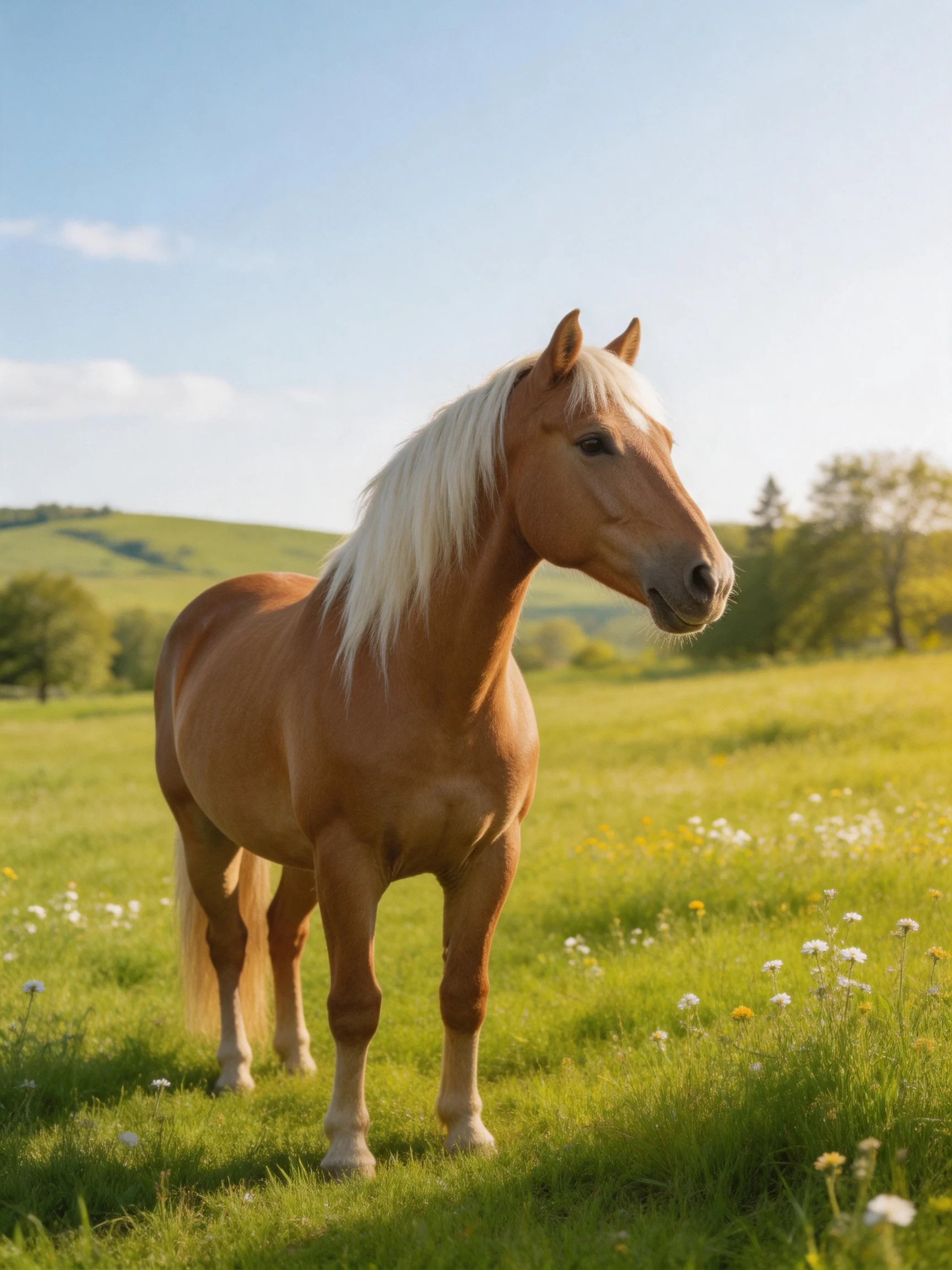 A golden-brown horse with a long white mane stands in a lush green meadow