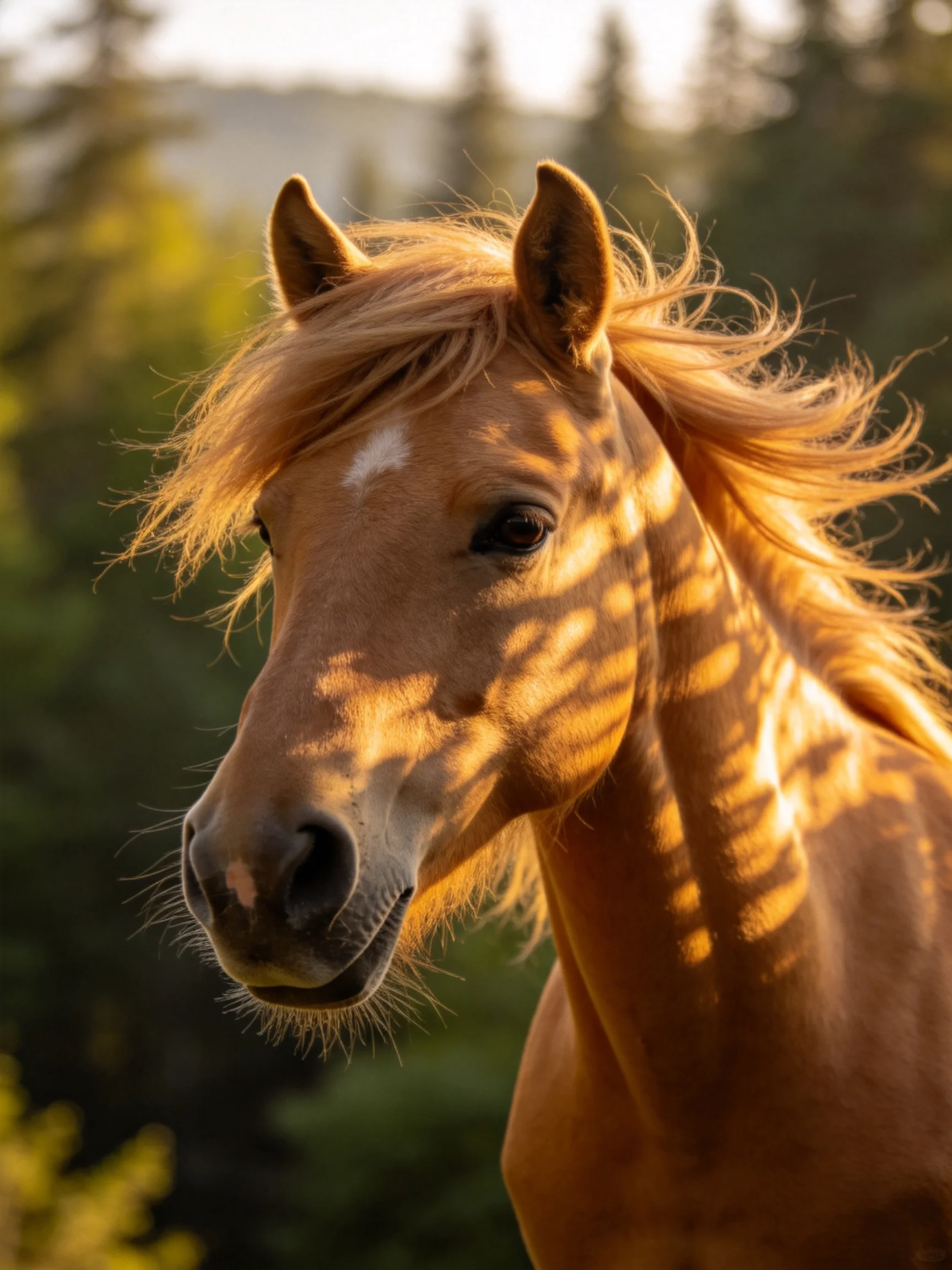 A golden-brown horse with flowing mane in sunlit forest