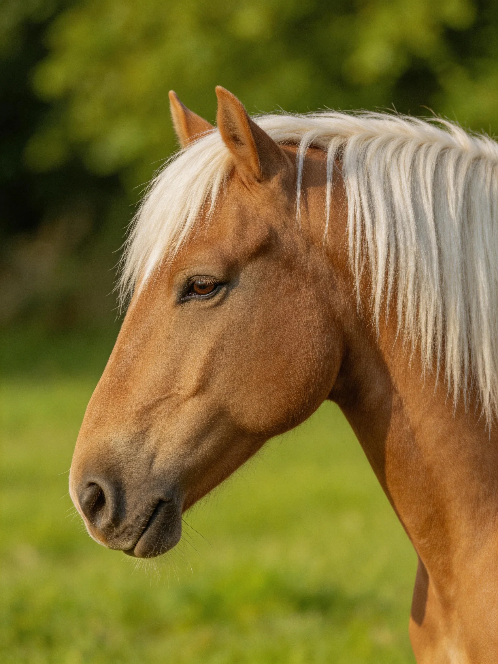 A golden-brown horse with flowing white mane in a sunlit meadow
