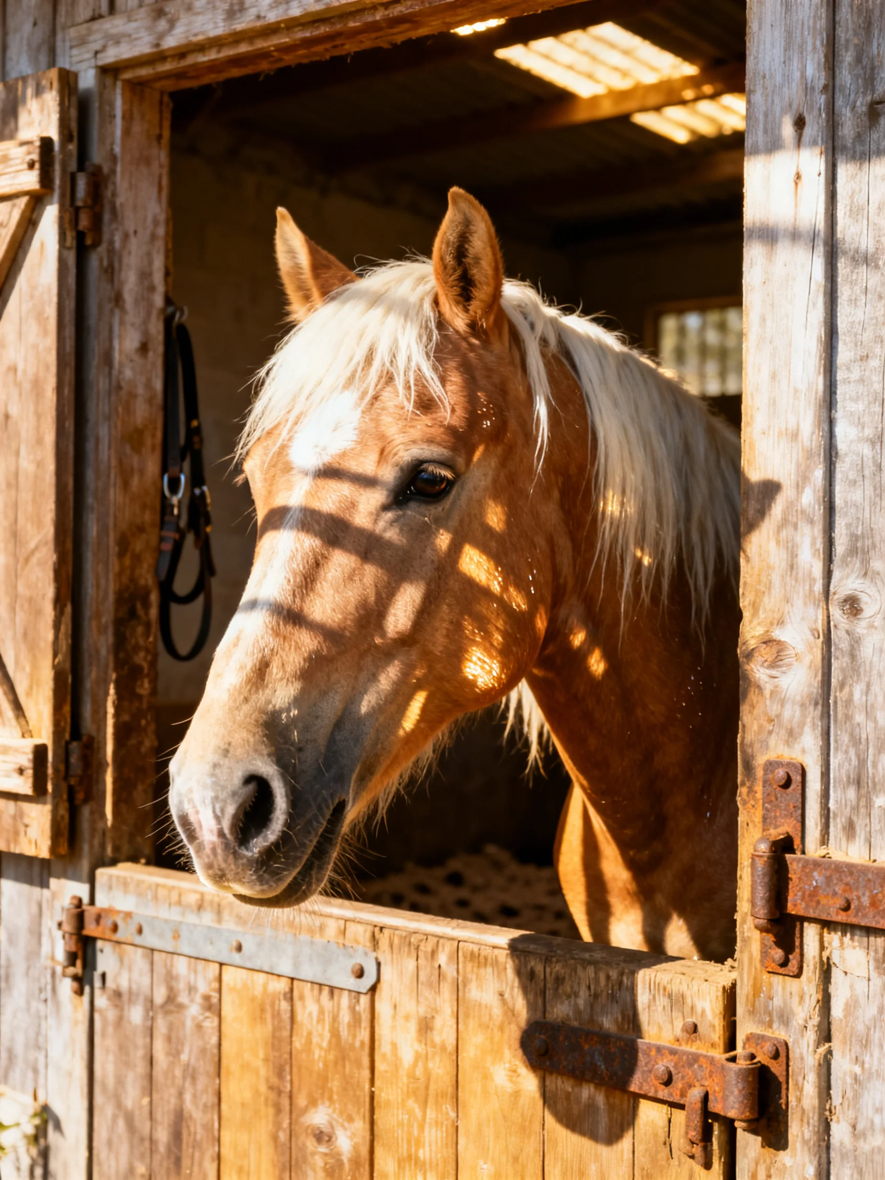 A golden-brown horse with long white mane in a weathered wooden stable