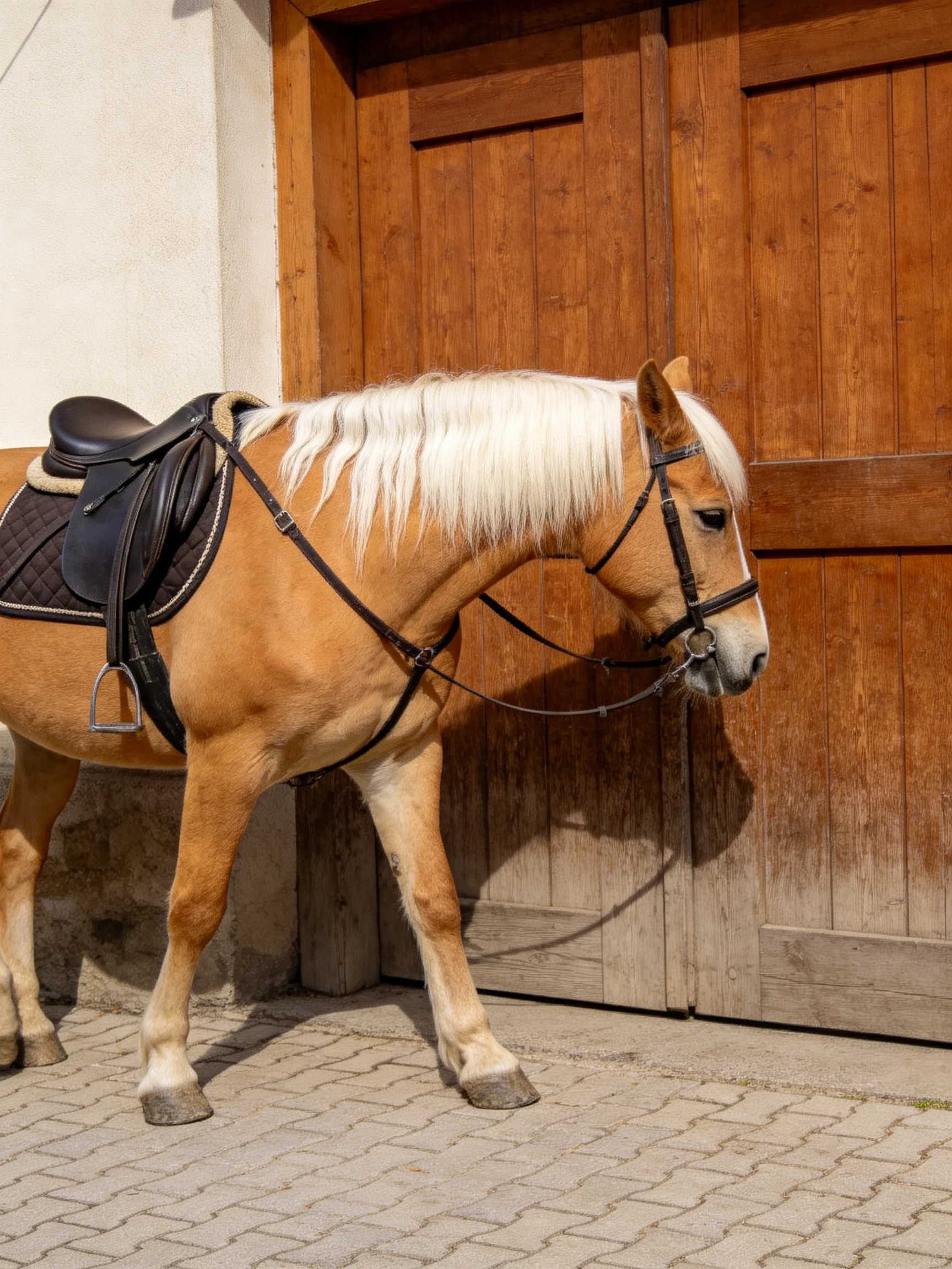 A golden-brown horse with long white mane near large wooden stable doors