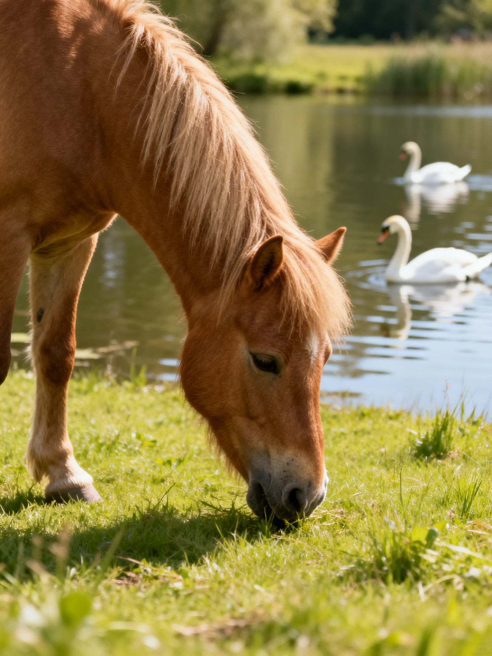 A golden-brown pony grazes near a pond with two white swans