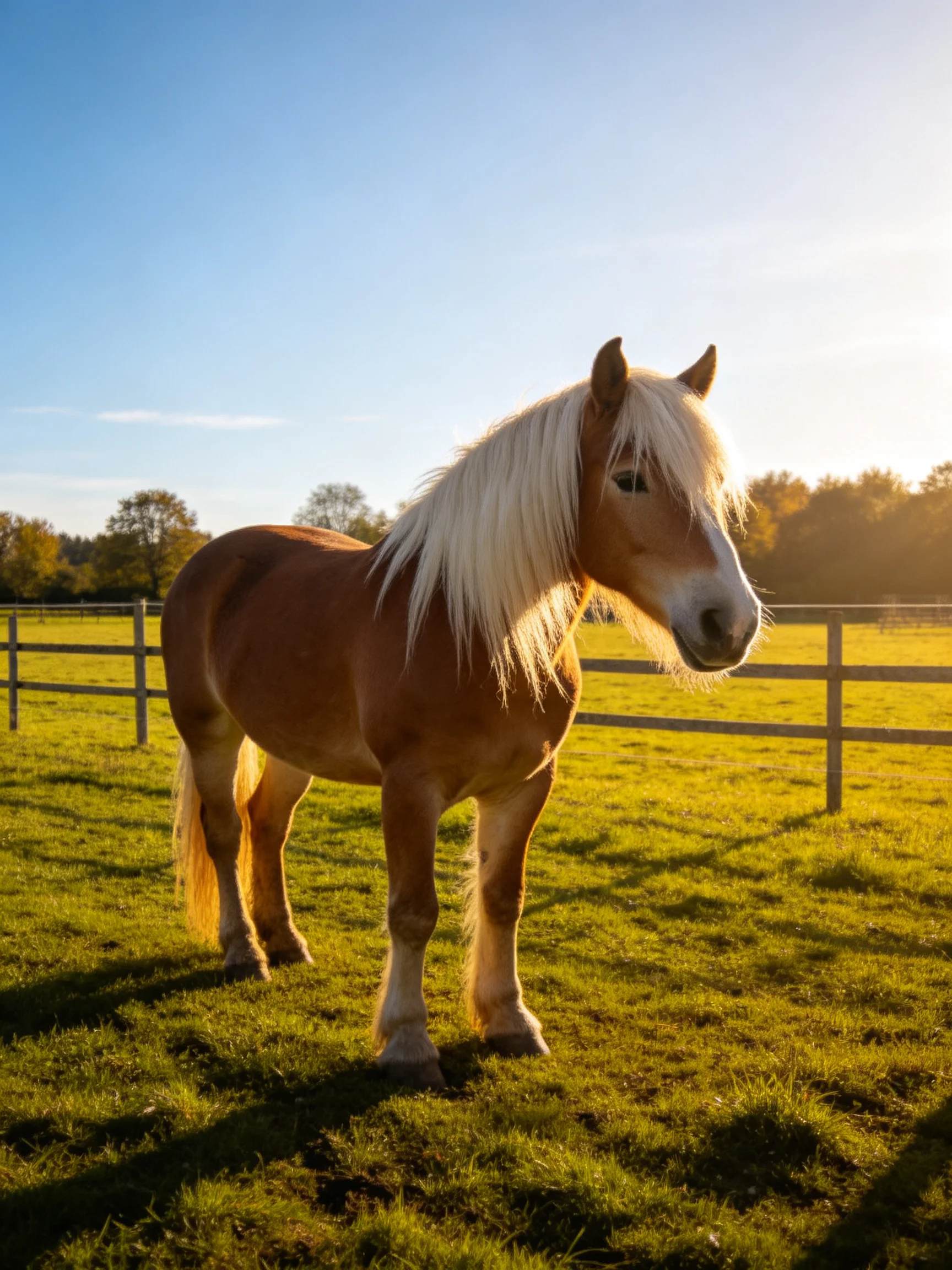 A golden-brown pony stands in a sunlit green pasture