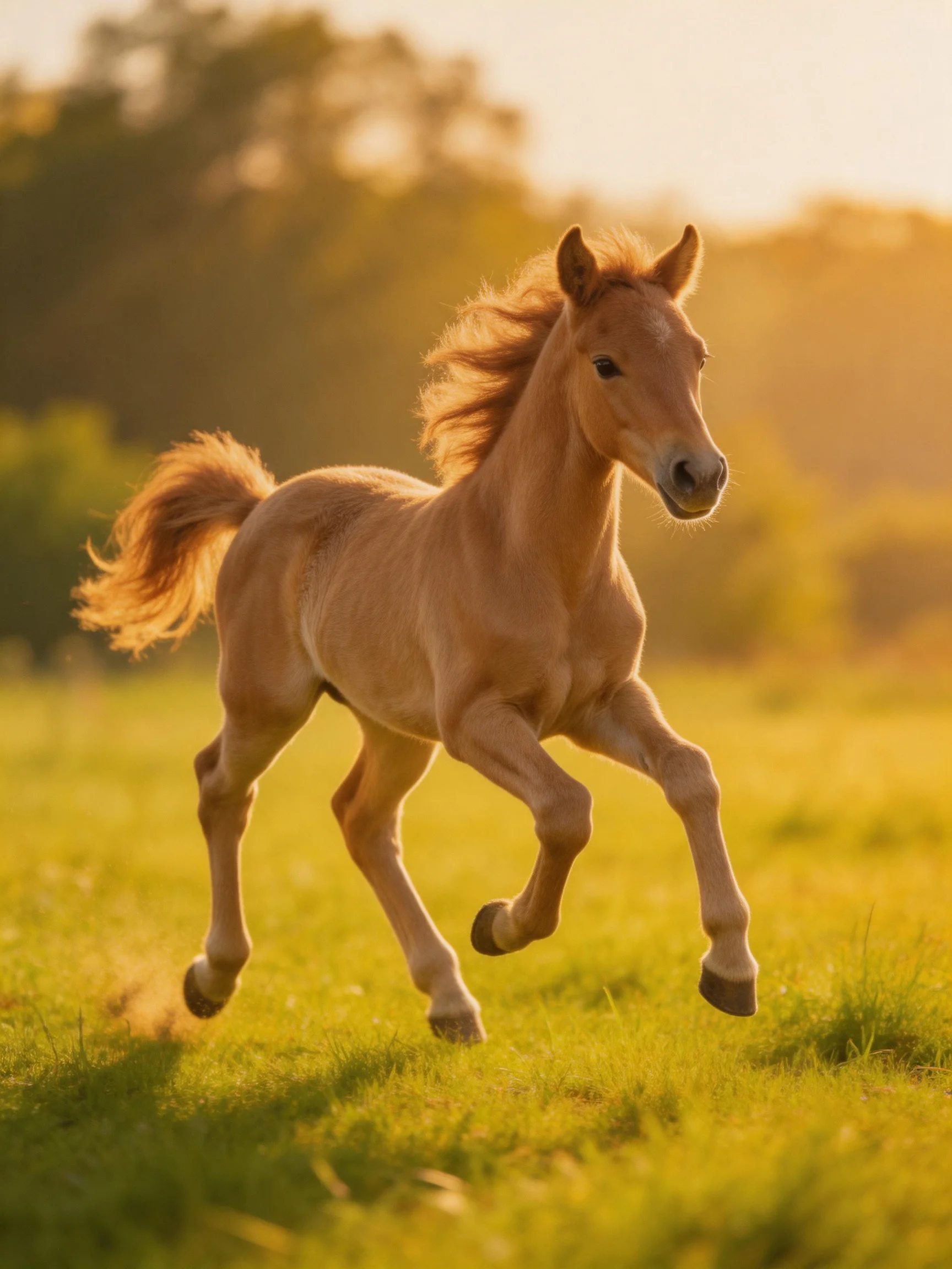 A golden-coated foal galloping in a sunlit green meadow