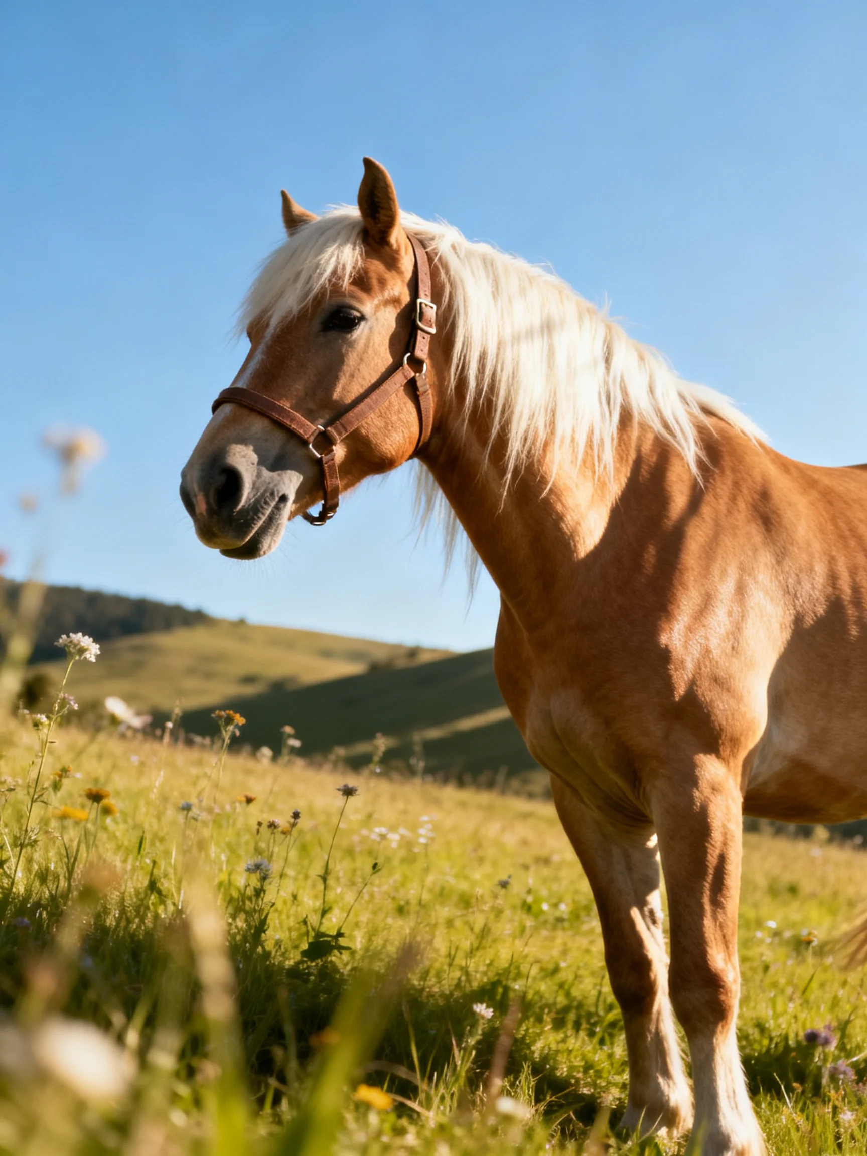 A golden horse with a white mane stands in a sunlit meadow with wildflowers.