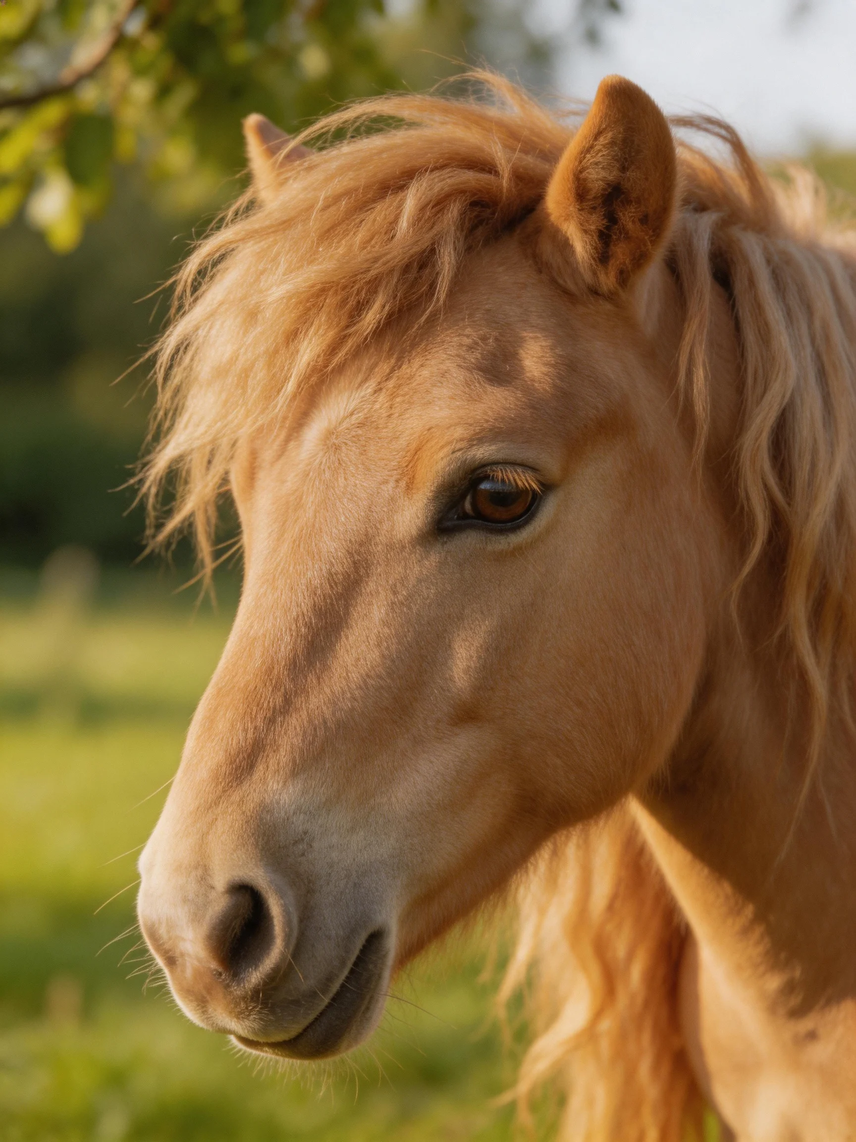 A golden-coated horse with flowing blonde mane in a sunlit field