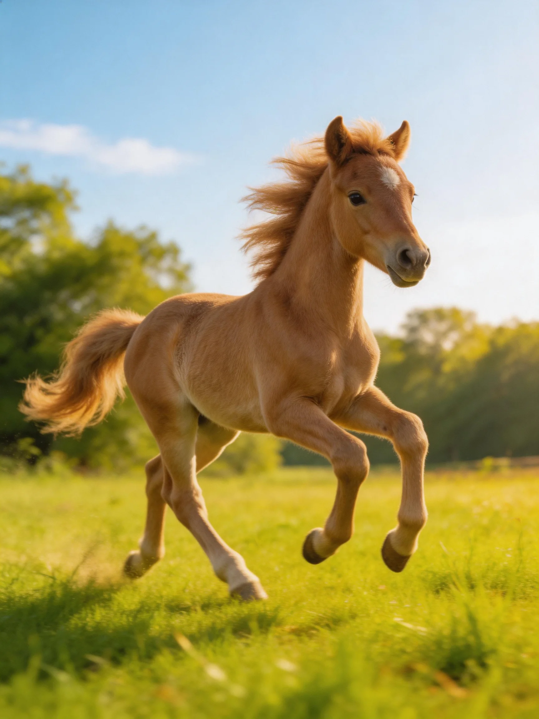 A golden foal gallops through a sunlit green meadow