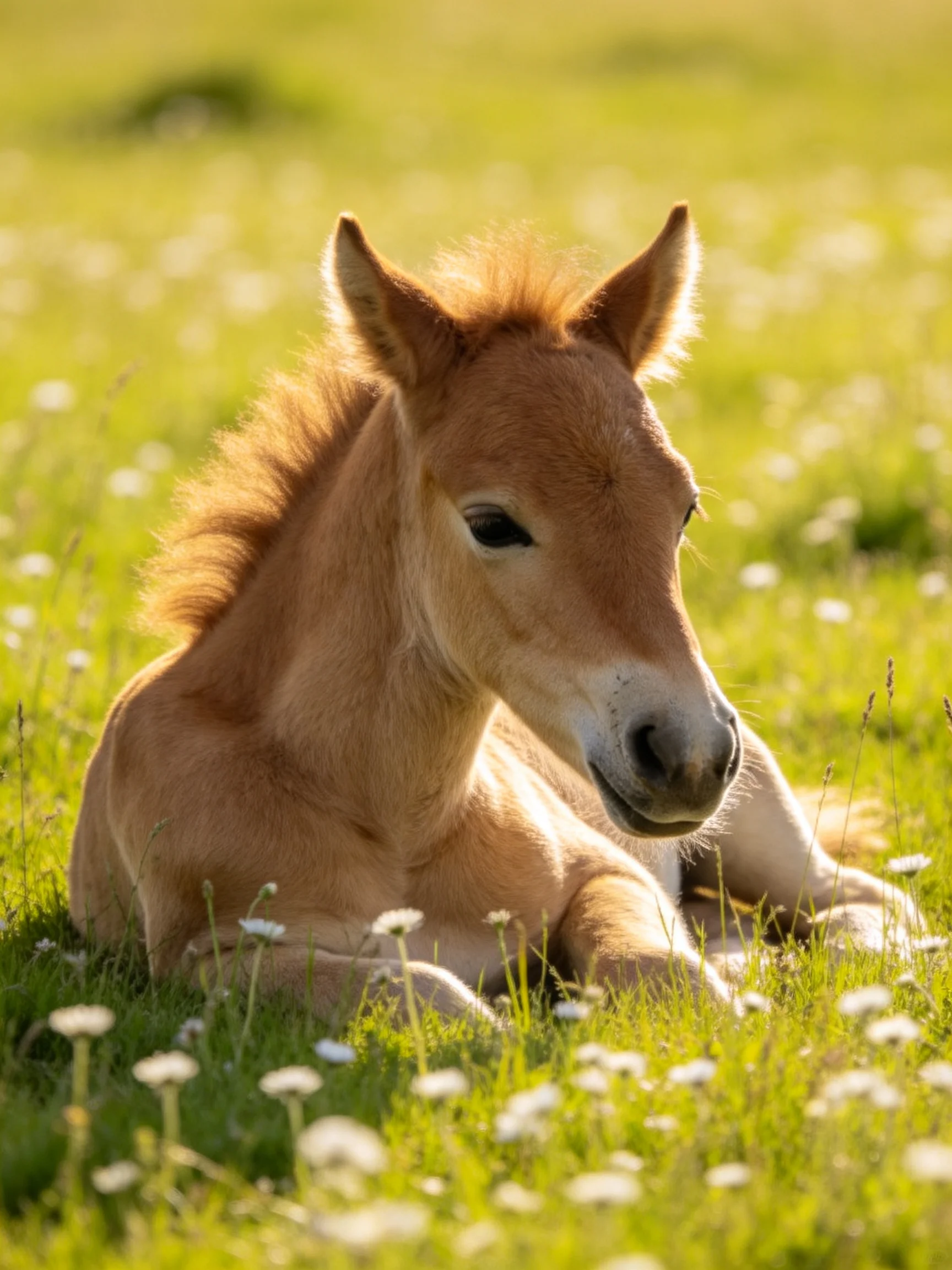 A golden foal resting in a sunlit meadow of green grass and white flowers