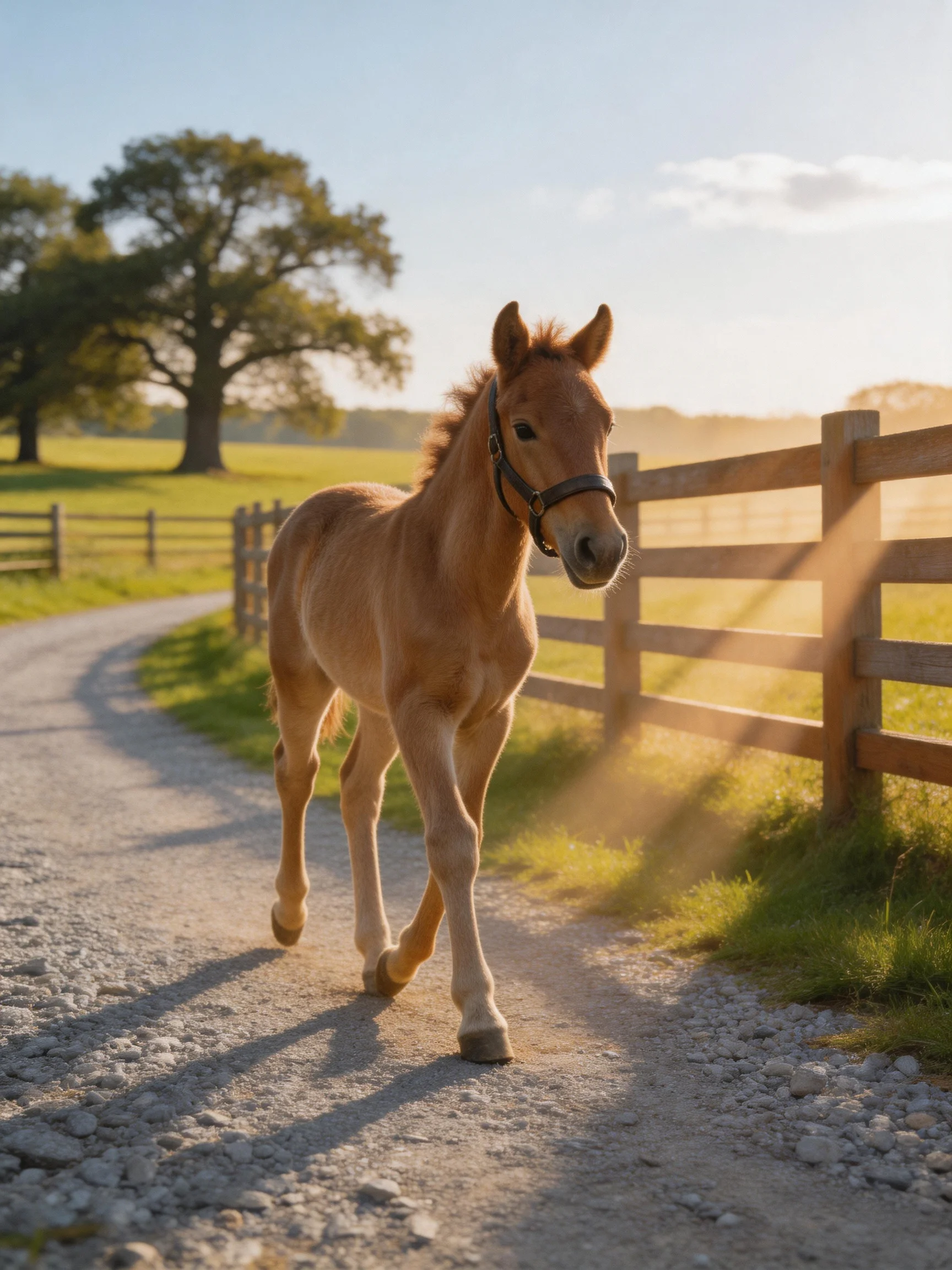 A golden foal trotting along a sunlit gravel path near a wooden fence