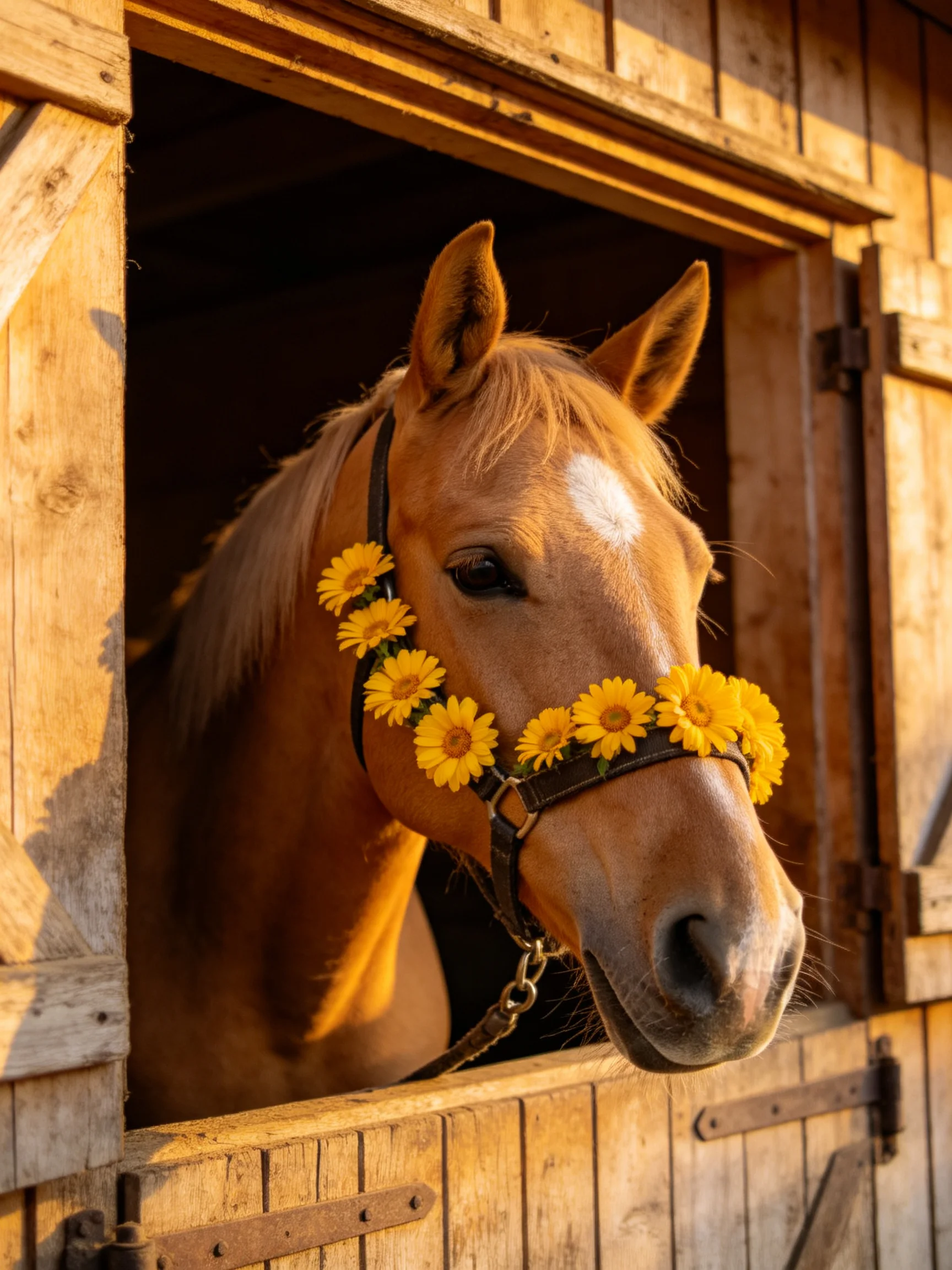A golden horse adorned with yellow flowers in a rustic wooden stable