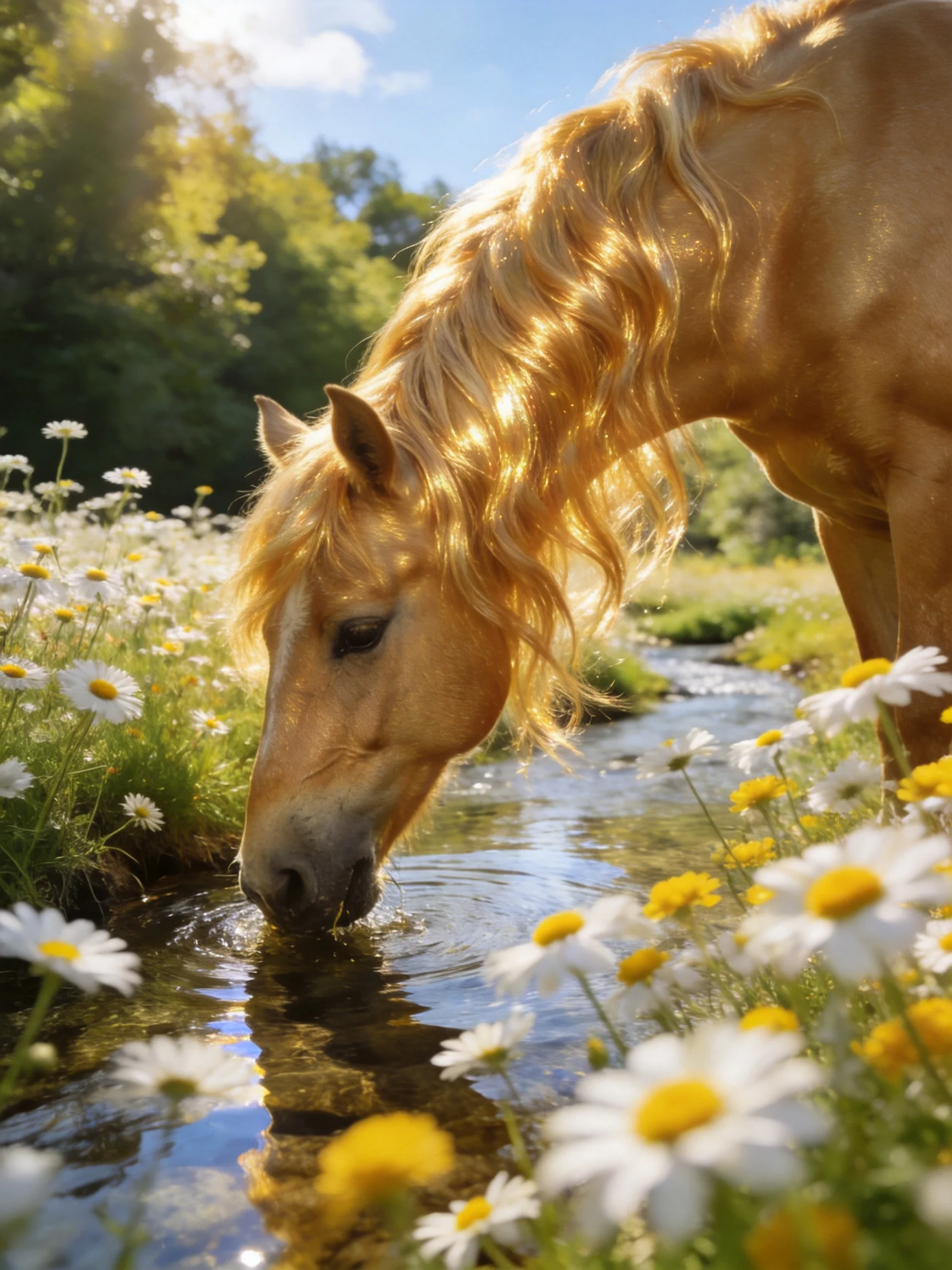A golden horse drinks from a sunlit stream amid white daisies
