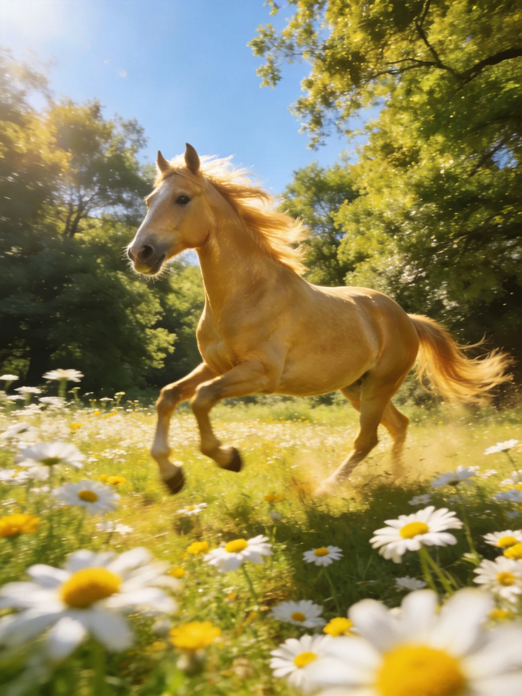 A golden horse galloping through a field of white daisies