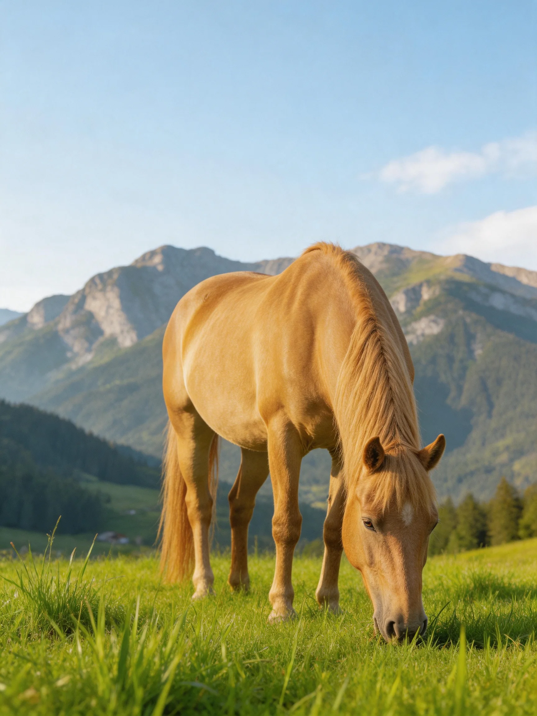 A golden horse grazes in a lush green meadow with mountainous backdrop