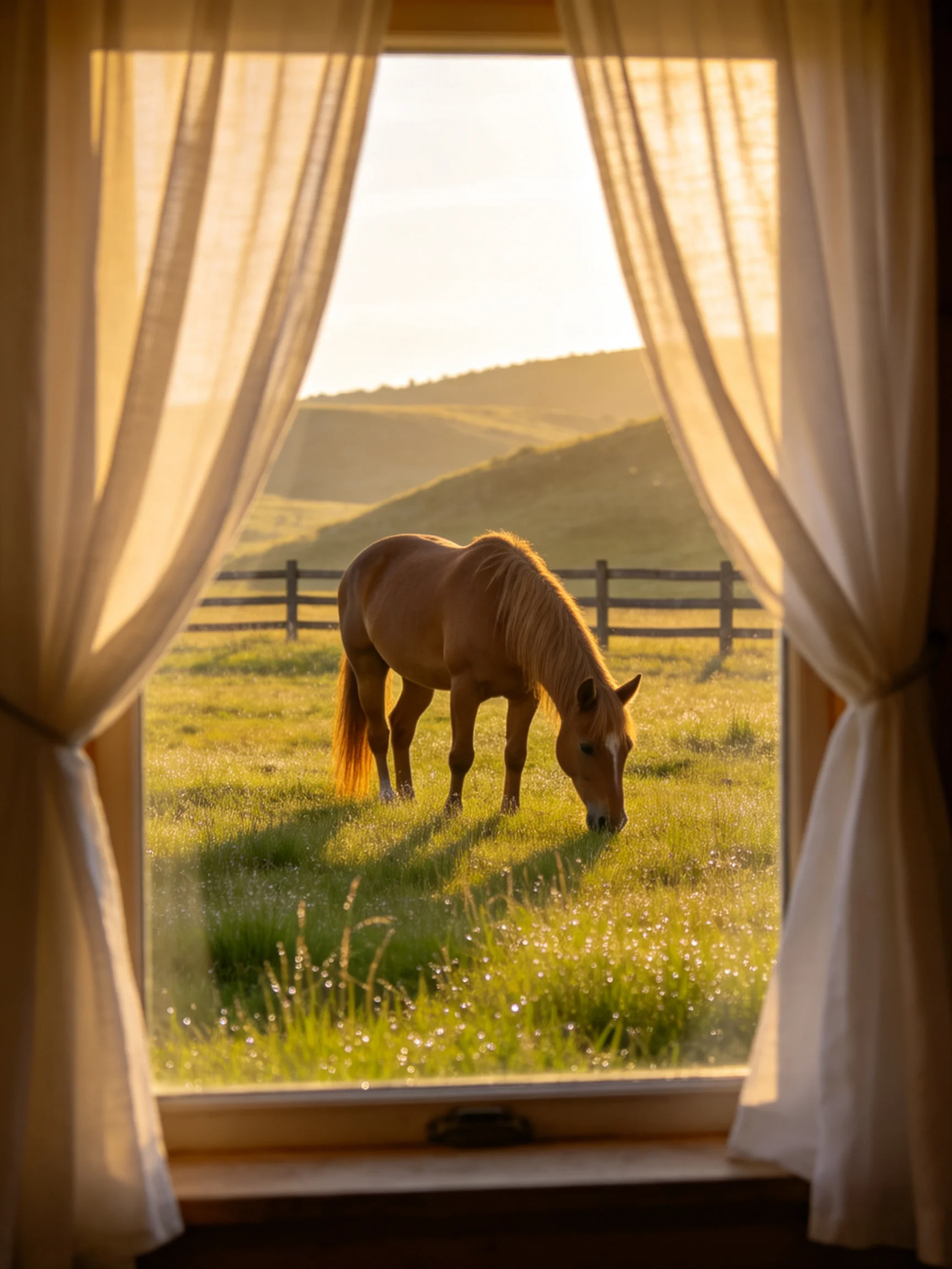A golden horse grazes in a sunlit meadow seen through a curtained window