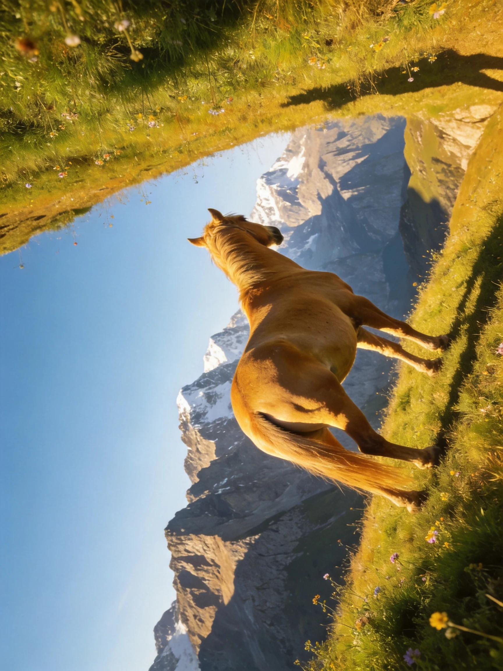 A golden horse on a lush green meadow near snow-capped mountains