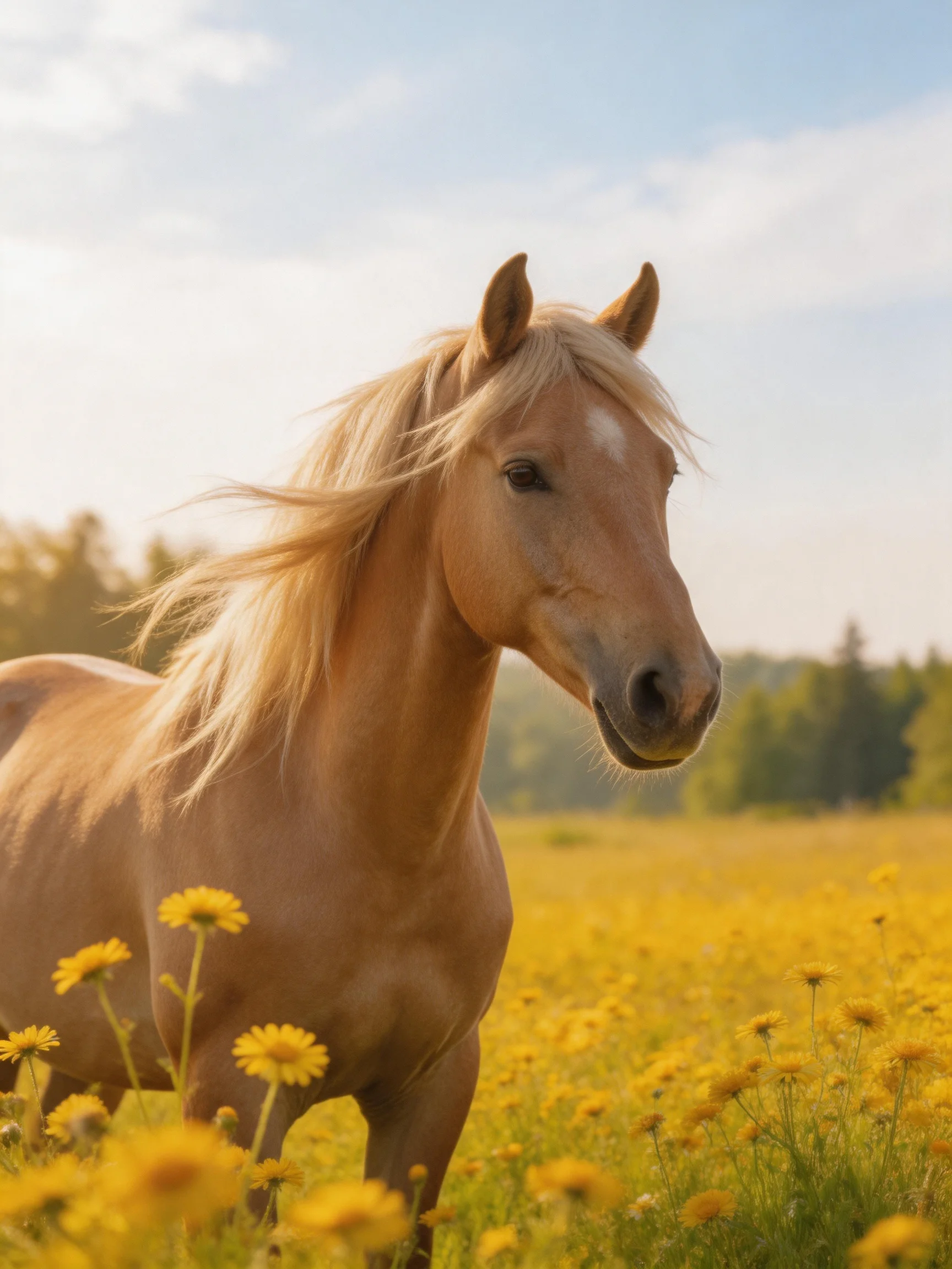 A golden horse stands in a field of bright yellow wildflowers