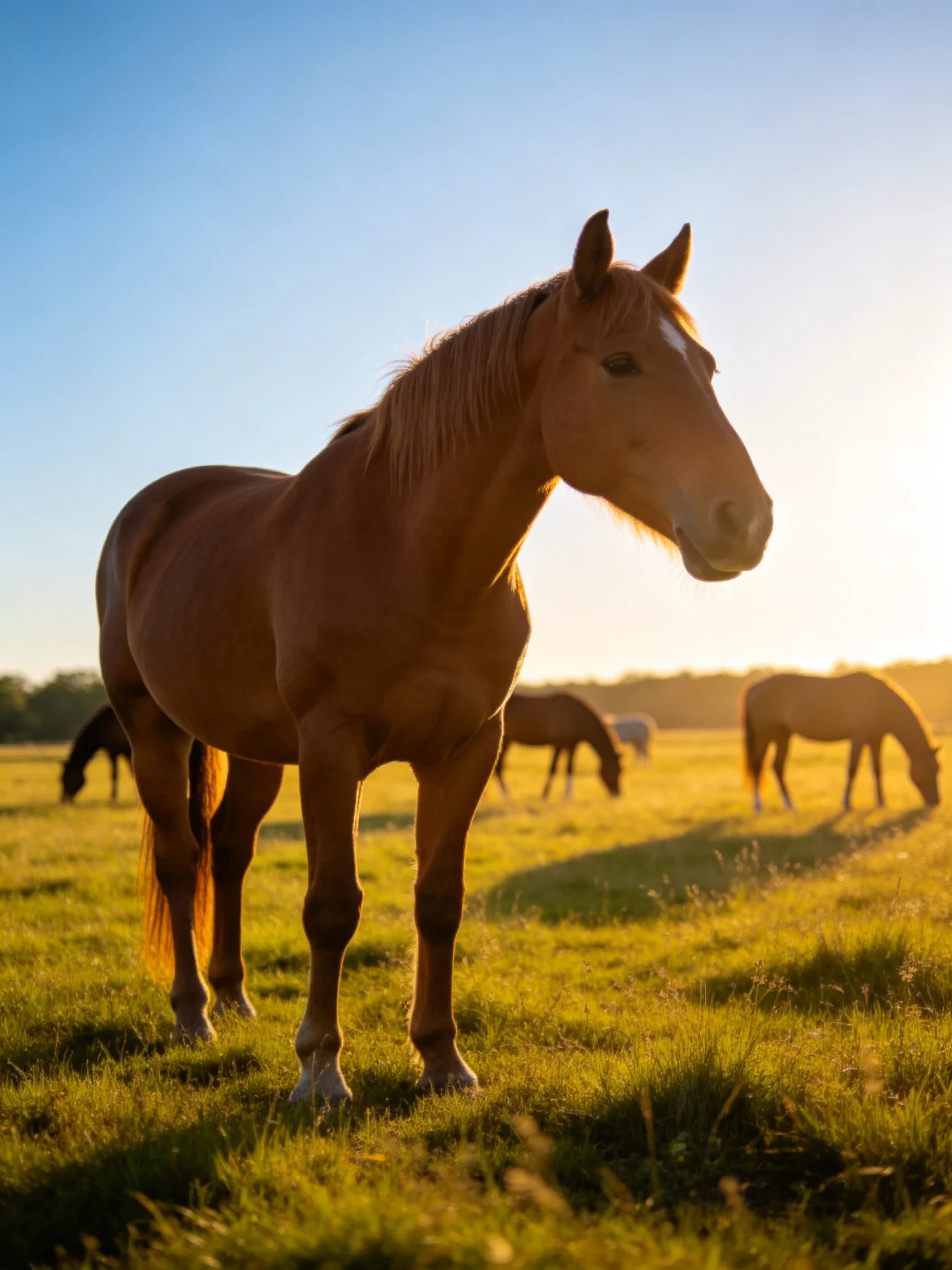 A golden horse stands in a sunlit meadow with grazing companions