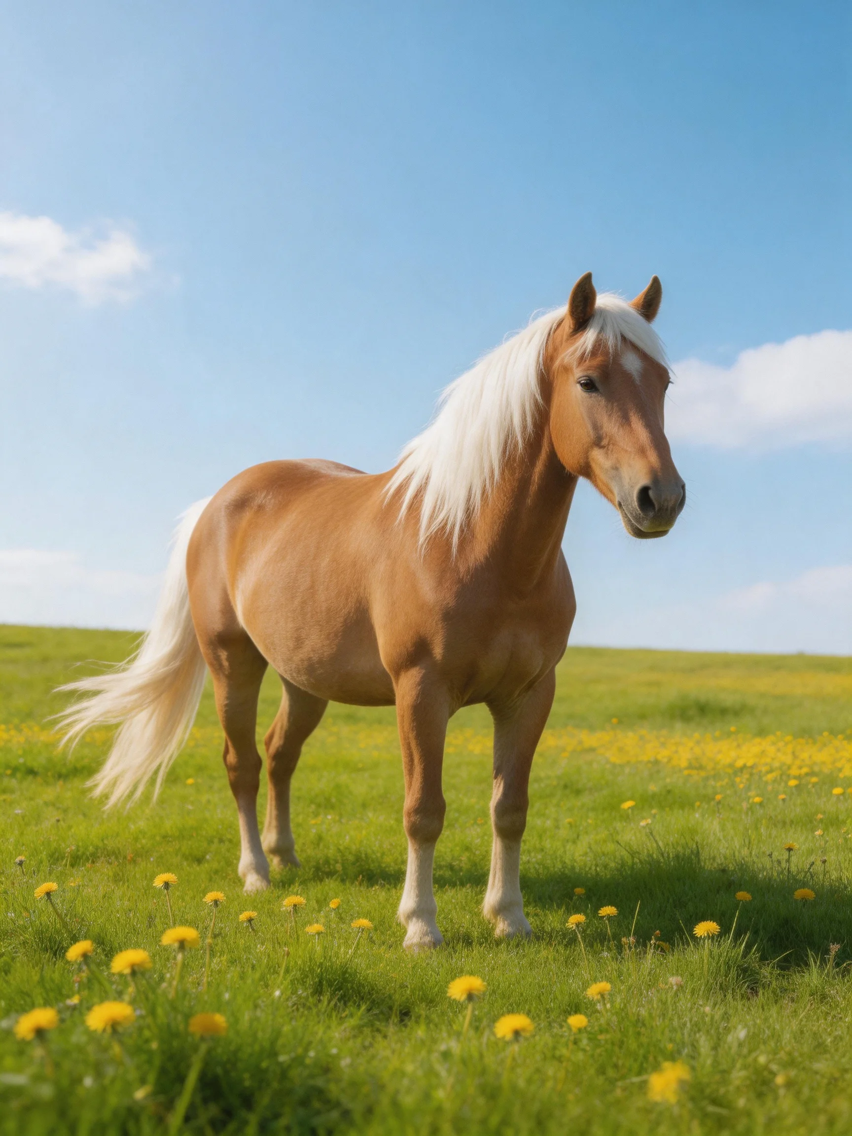 A golden horse stands in a meadow with green grass and yellow flowers under a clear sky.