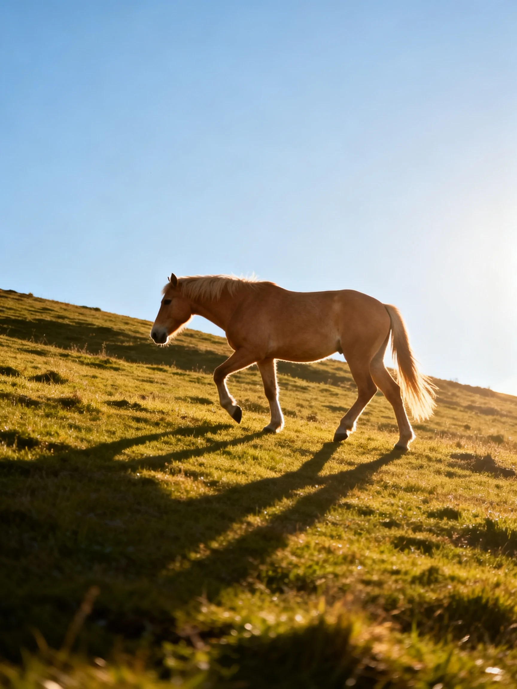 A golden horse walking up a sunlit green hillside