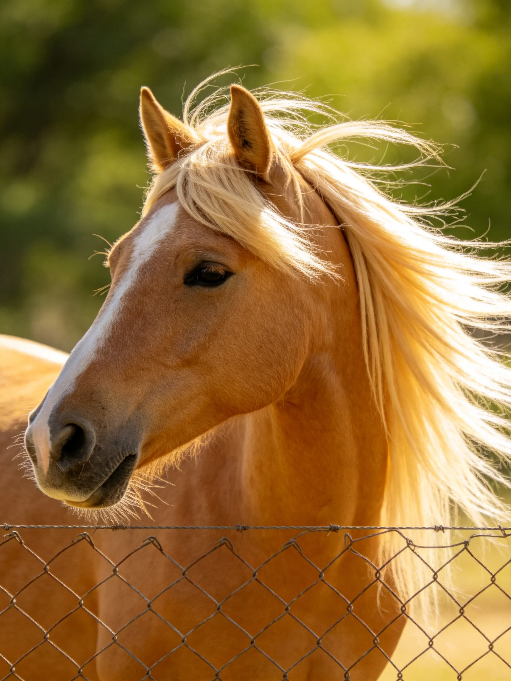 A golden horse with flowing blonde mane near a wire fence