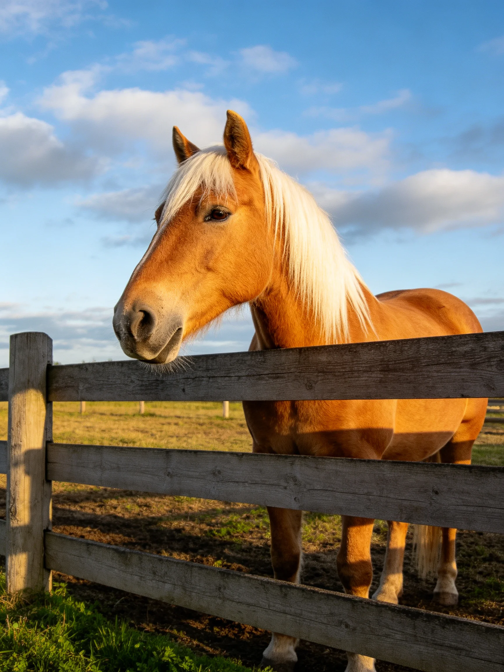 A golden horse stands by a weathered wooden fence under a partly cloudy sky.