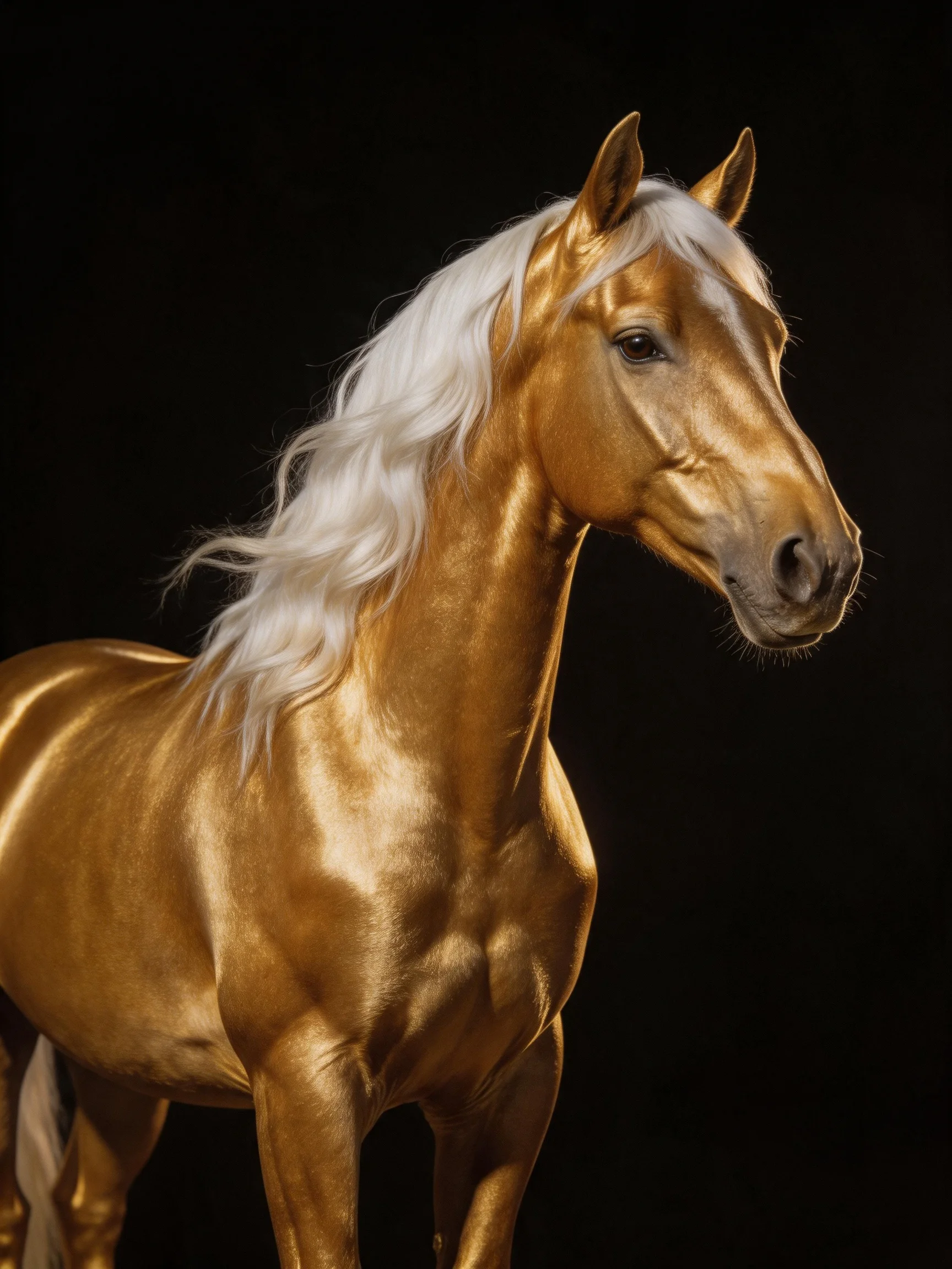 Golden horse with white mane stands out against a black background.