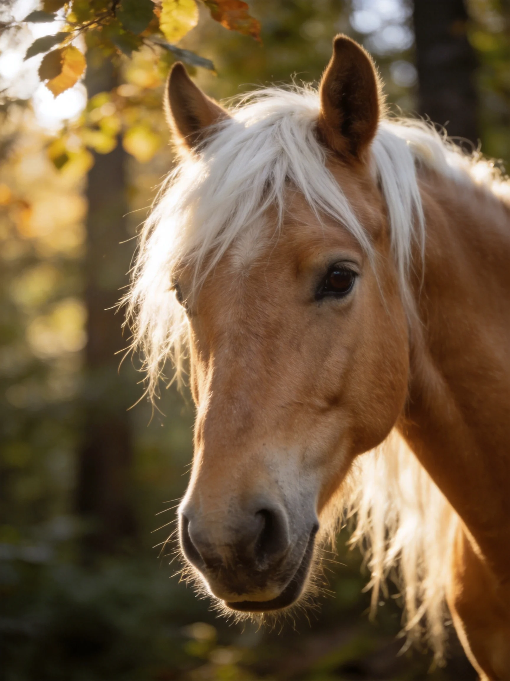 A golden horsewith a white mane stands near autumn foliage