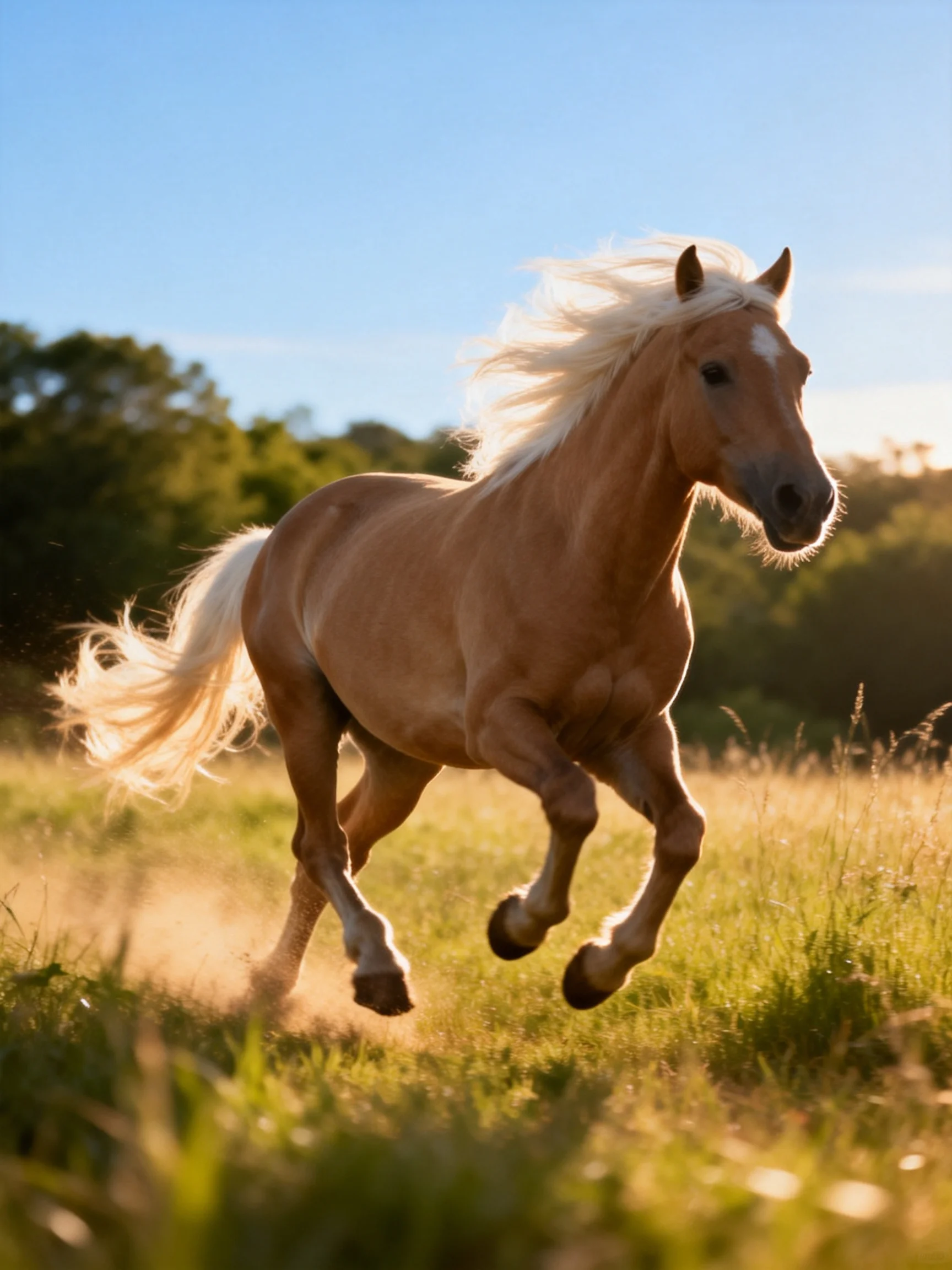 A golden-hued horse galloping through a sunlit meadow
