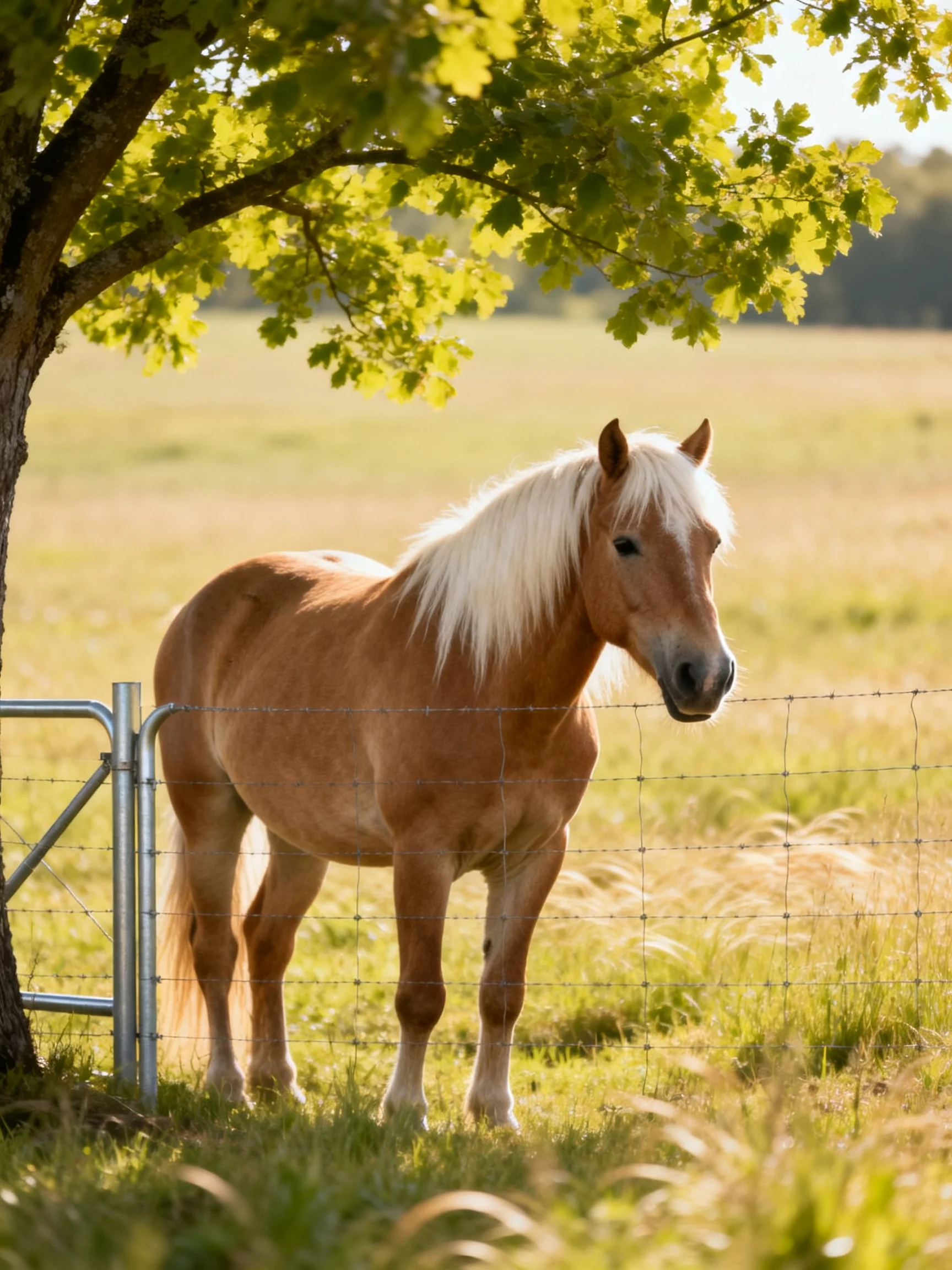A golden-hued horse near a leafy tree by a wire fence