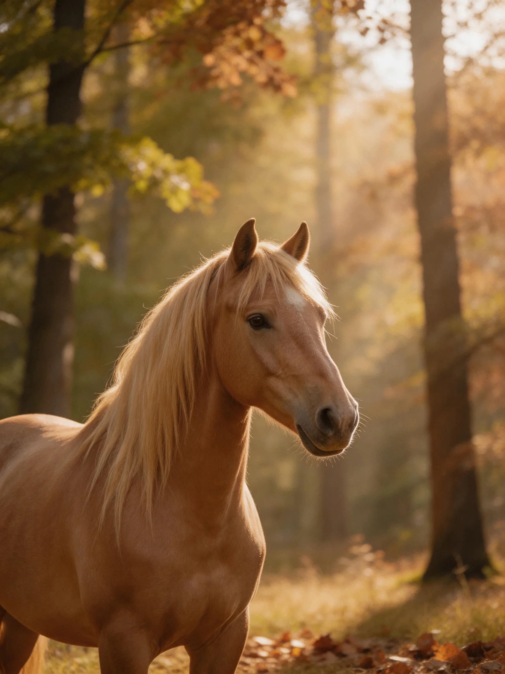 A golden-hued horse stands in a sun-dappled autumn forest