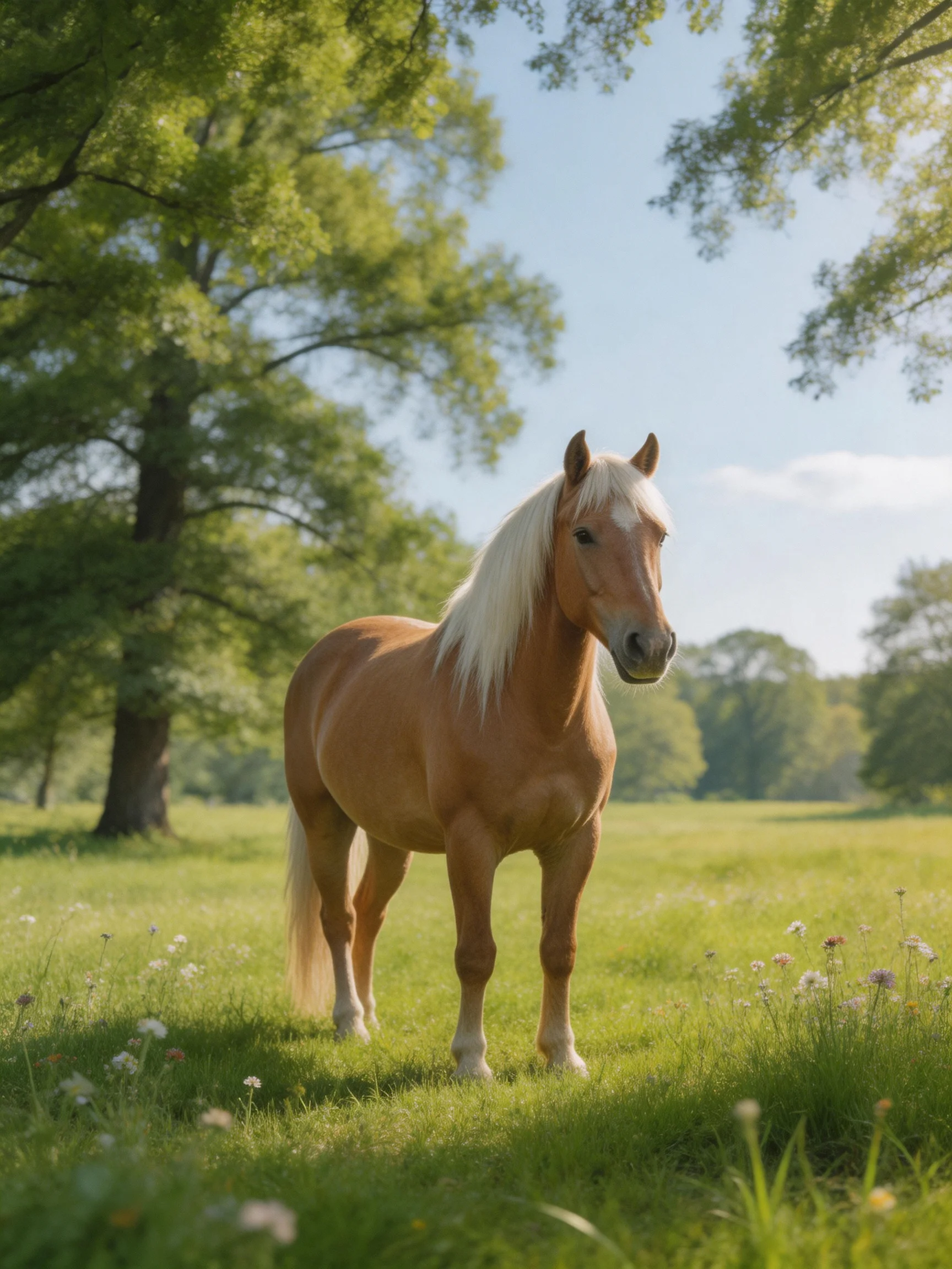 A golden-hued horse stands in a sunlit green meadow with tall trees
