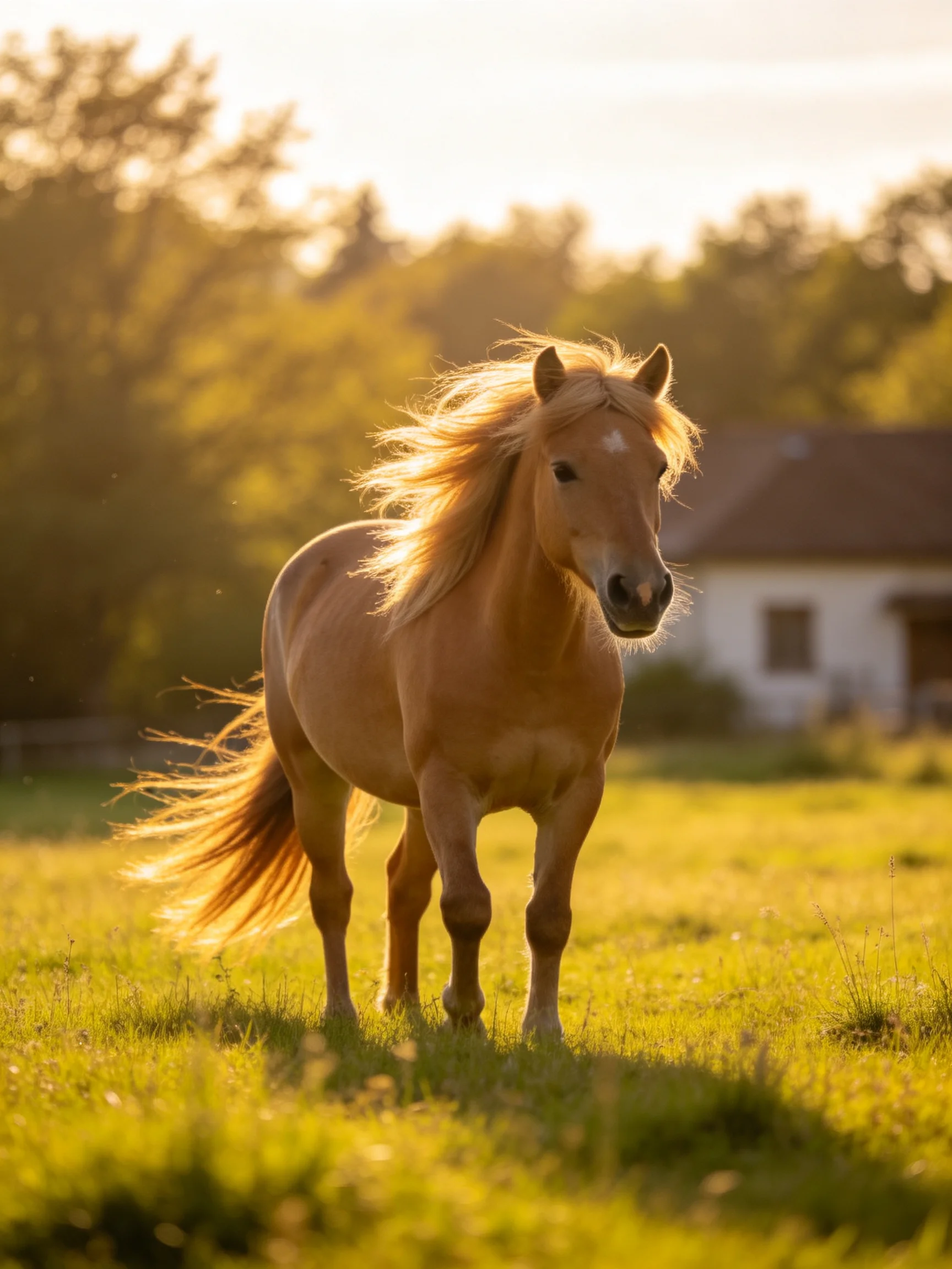 A golden-hued horse stands in a sunlit green pasture near a white barn