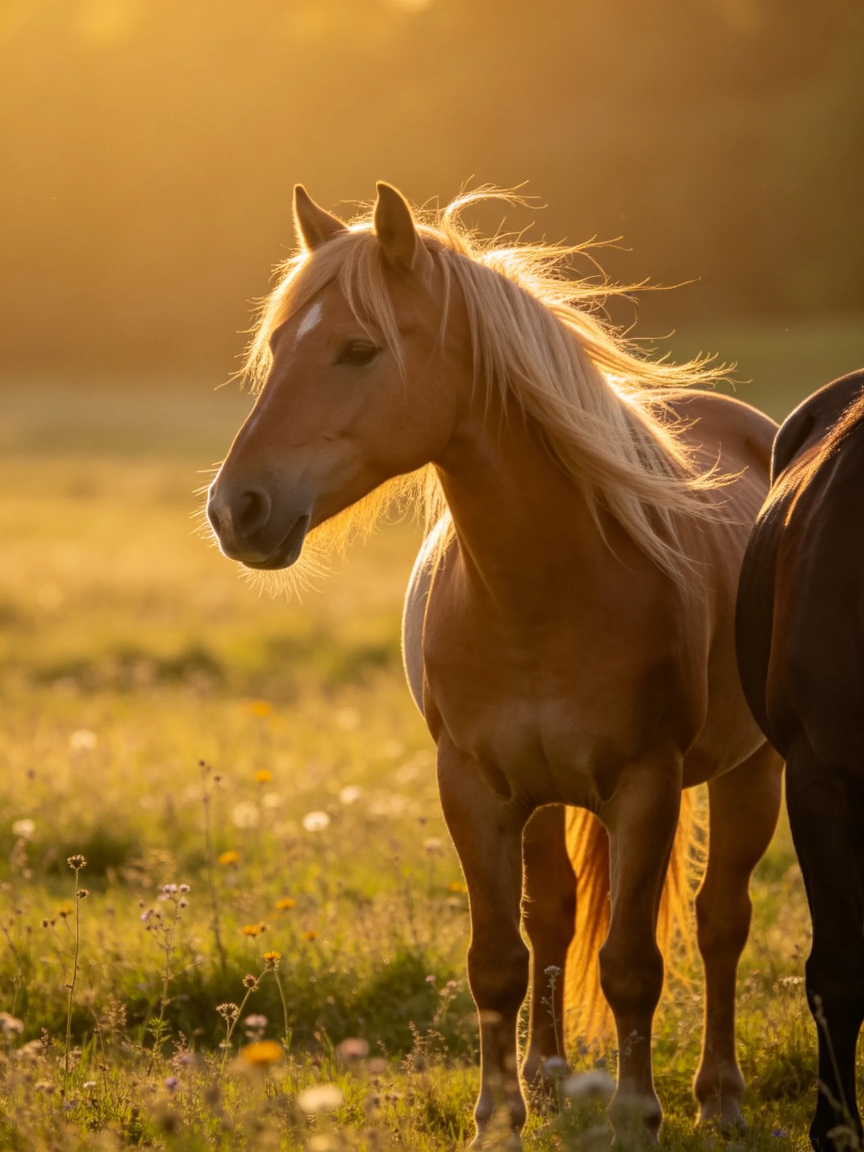 A golden-hued horse stands in a sunlit meadow with wildflowers
