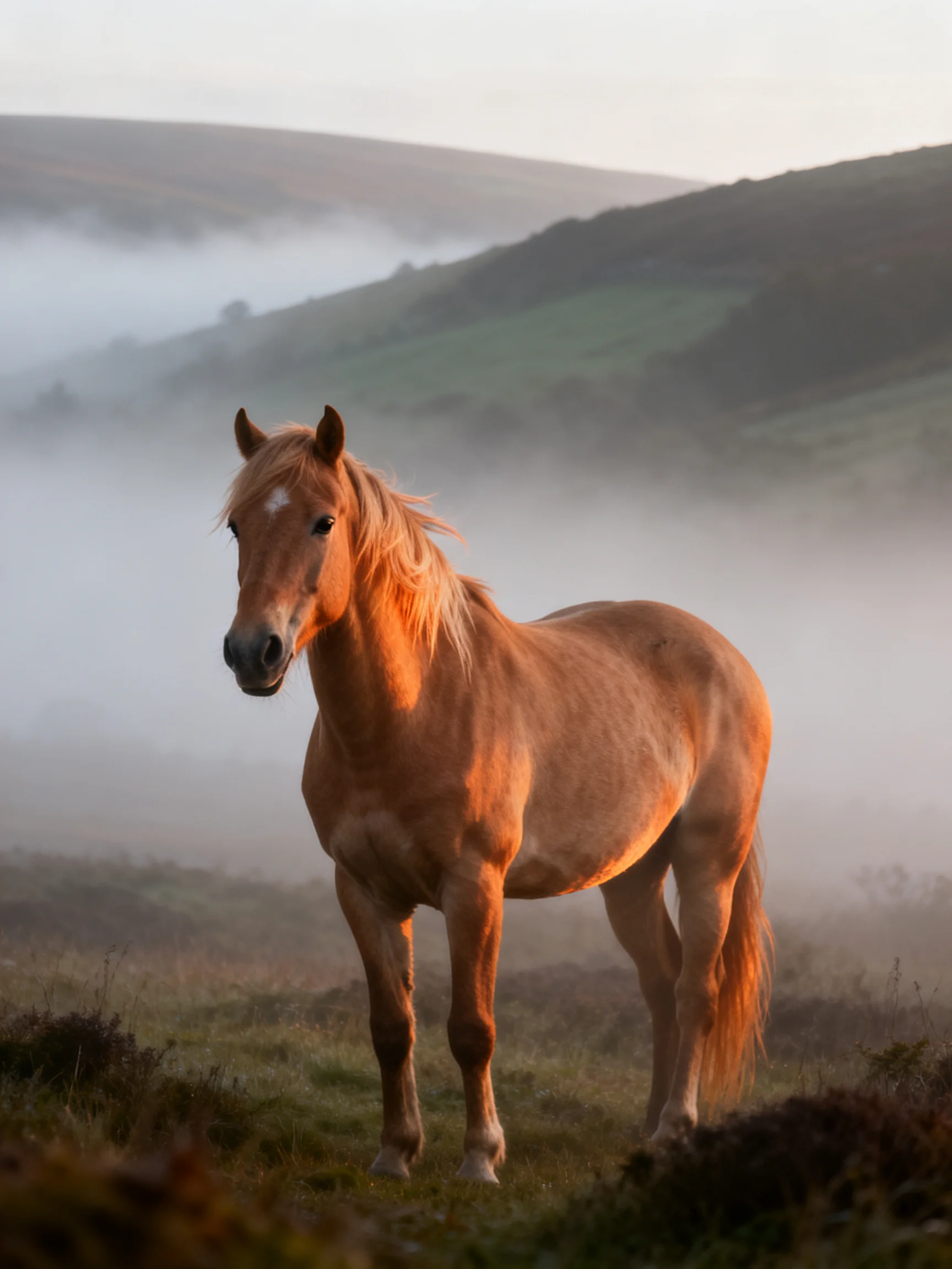 A golden-hued horse stands in misty hills at dawn