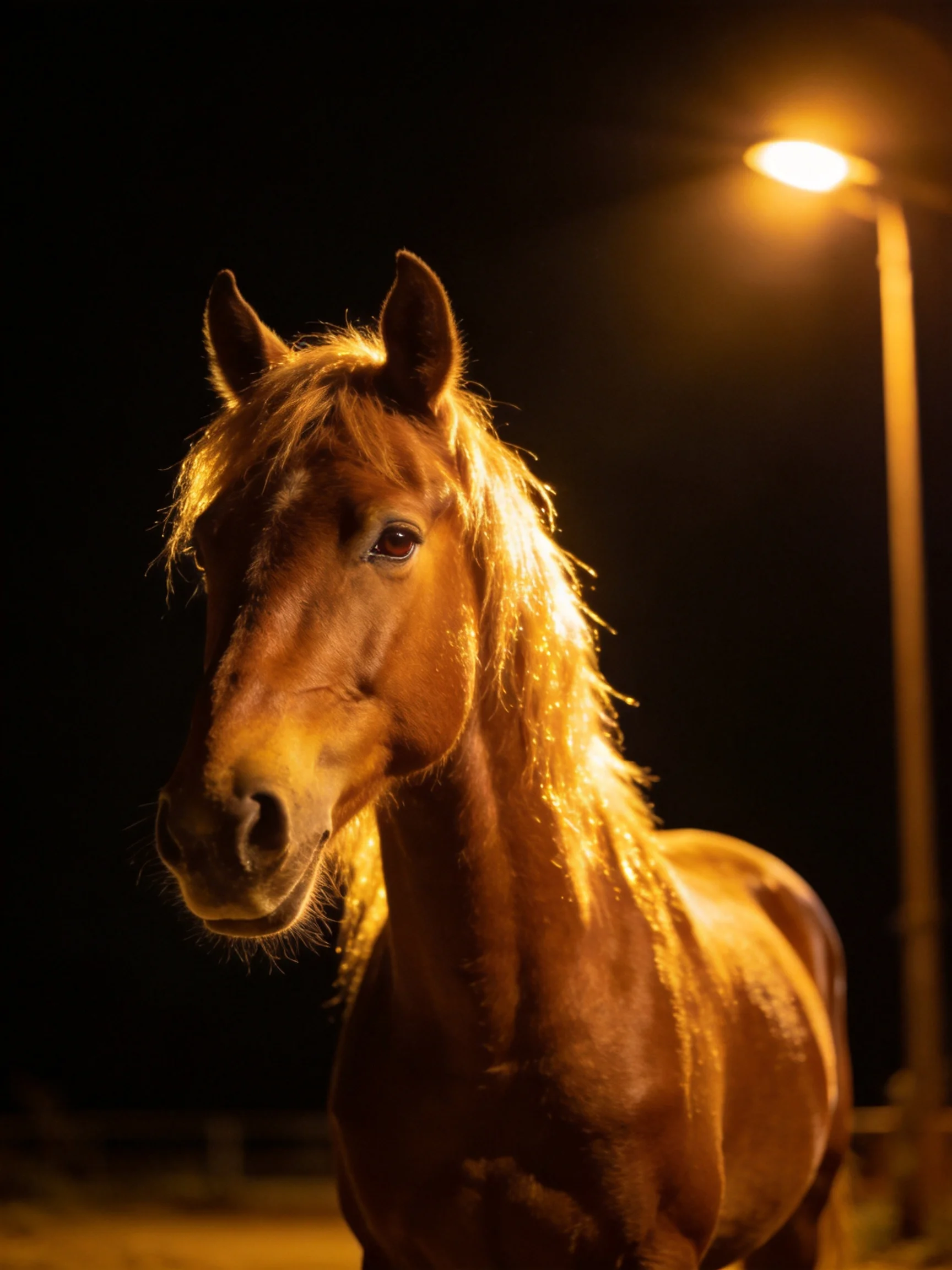 A golden-hued horse stands near a glowing streetlamp at night