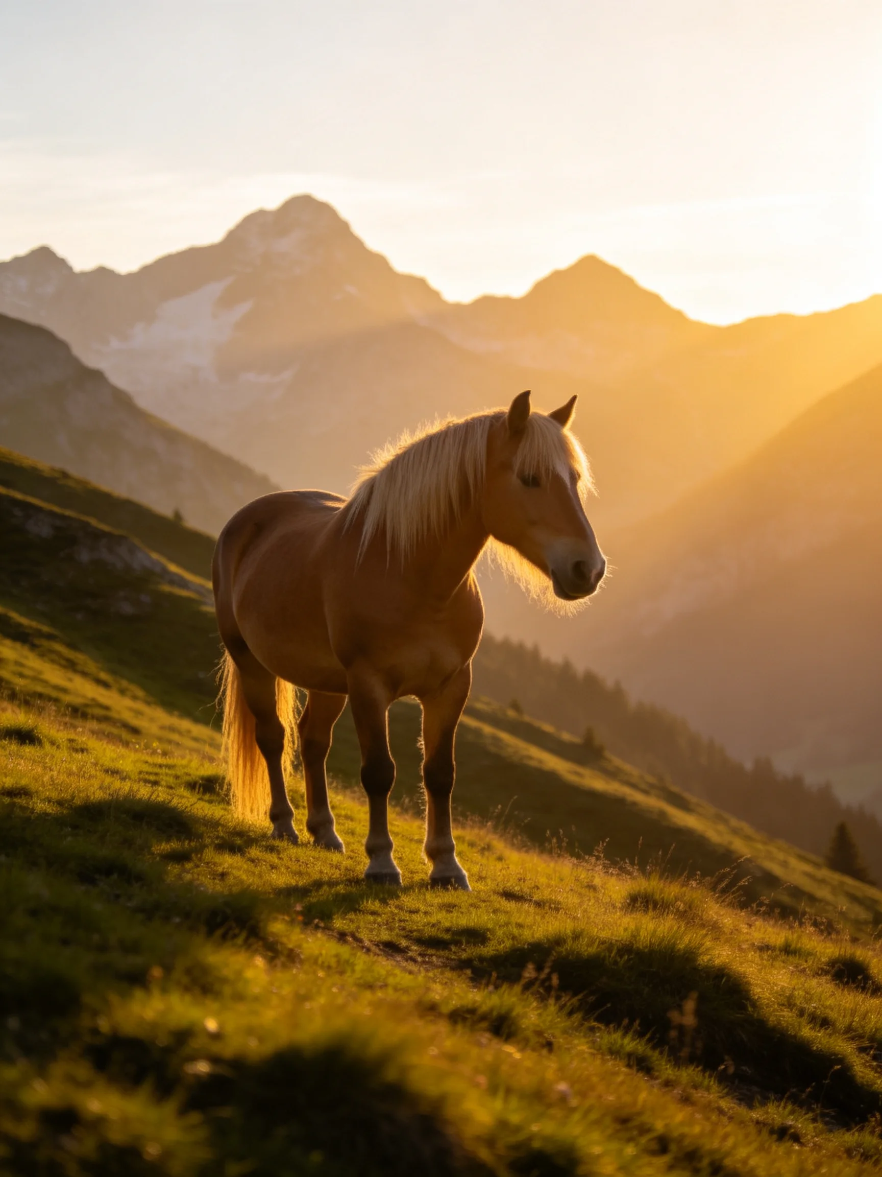 A golden-hued horse stands on a sunlit mountain meadow