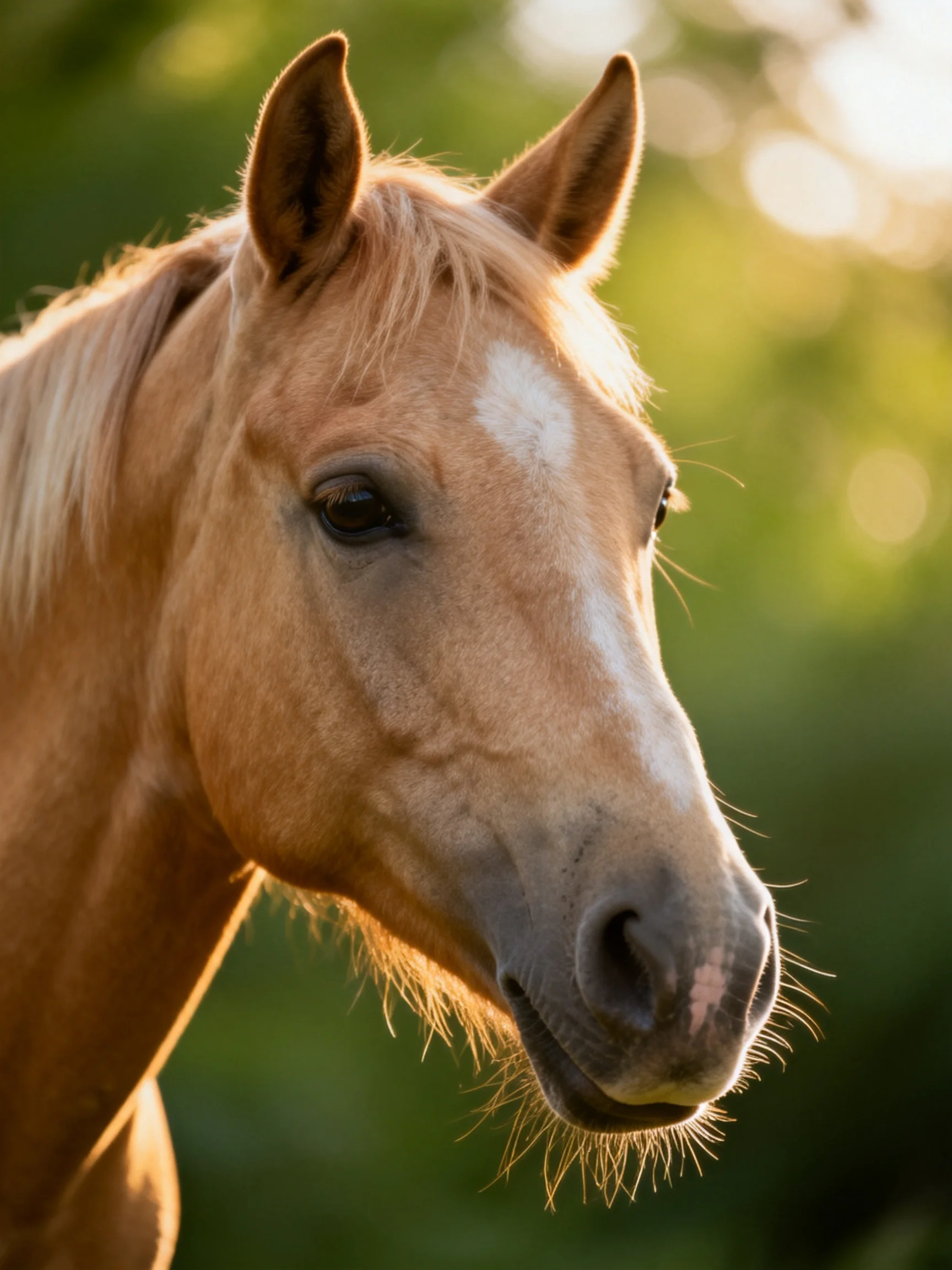 A golden-hued horse with a white blaze in a sunlit natural setting