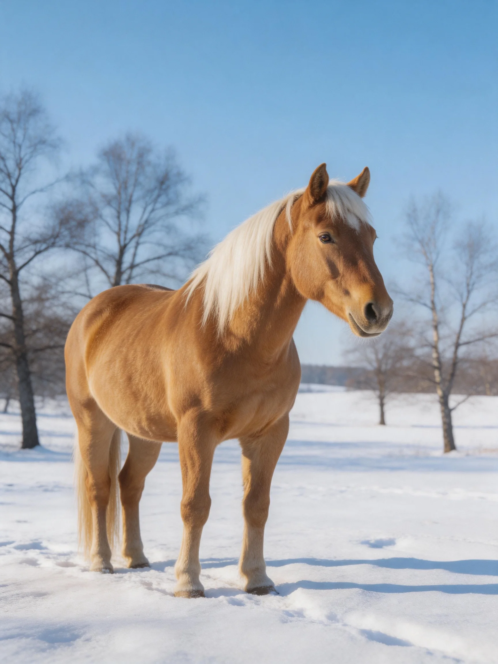 A golden-hued horse with a white mane stands in a snowy field