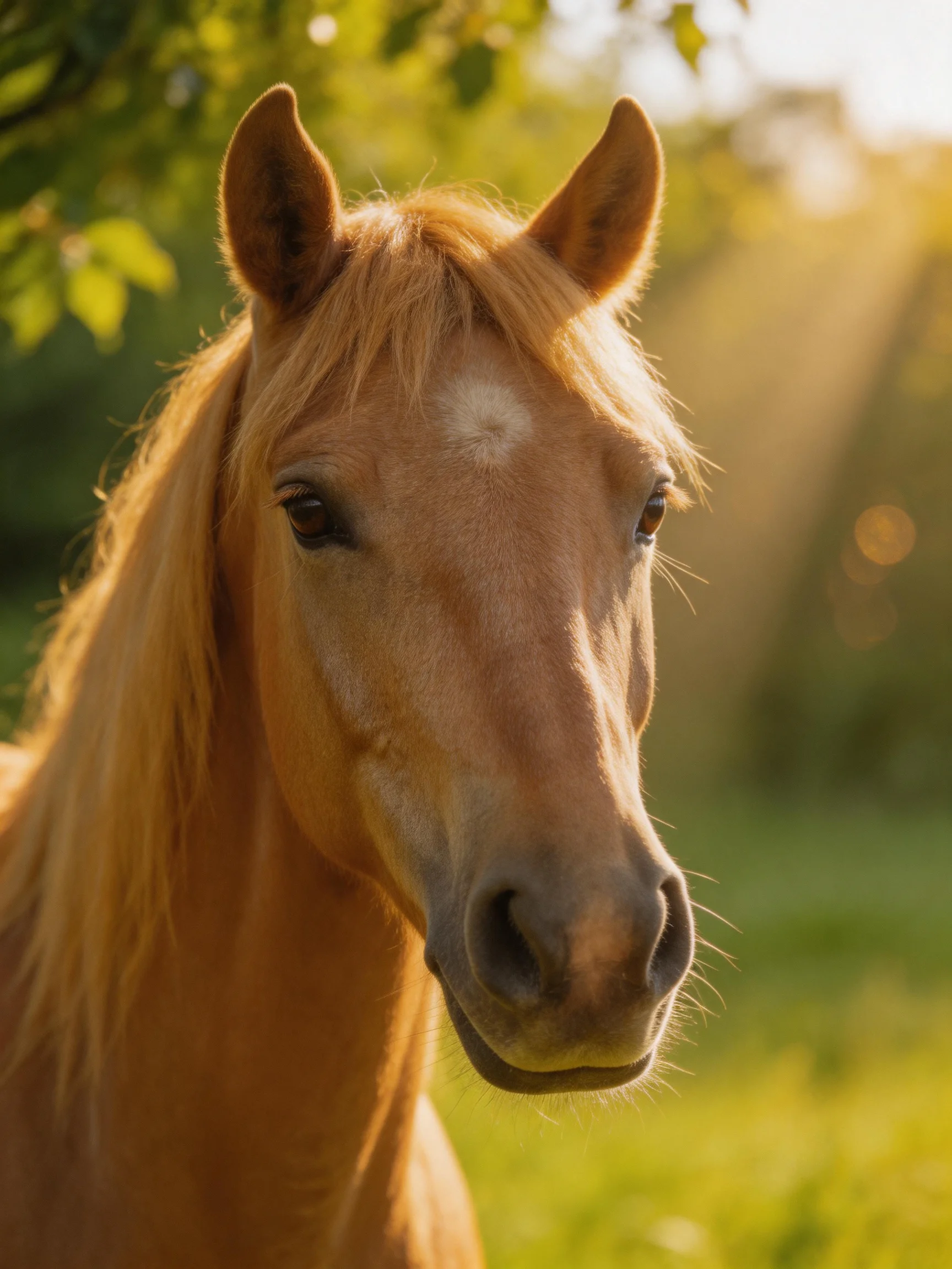 A golden-maned chestnut horse in a sunlit green meadow