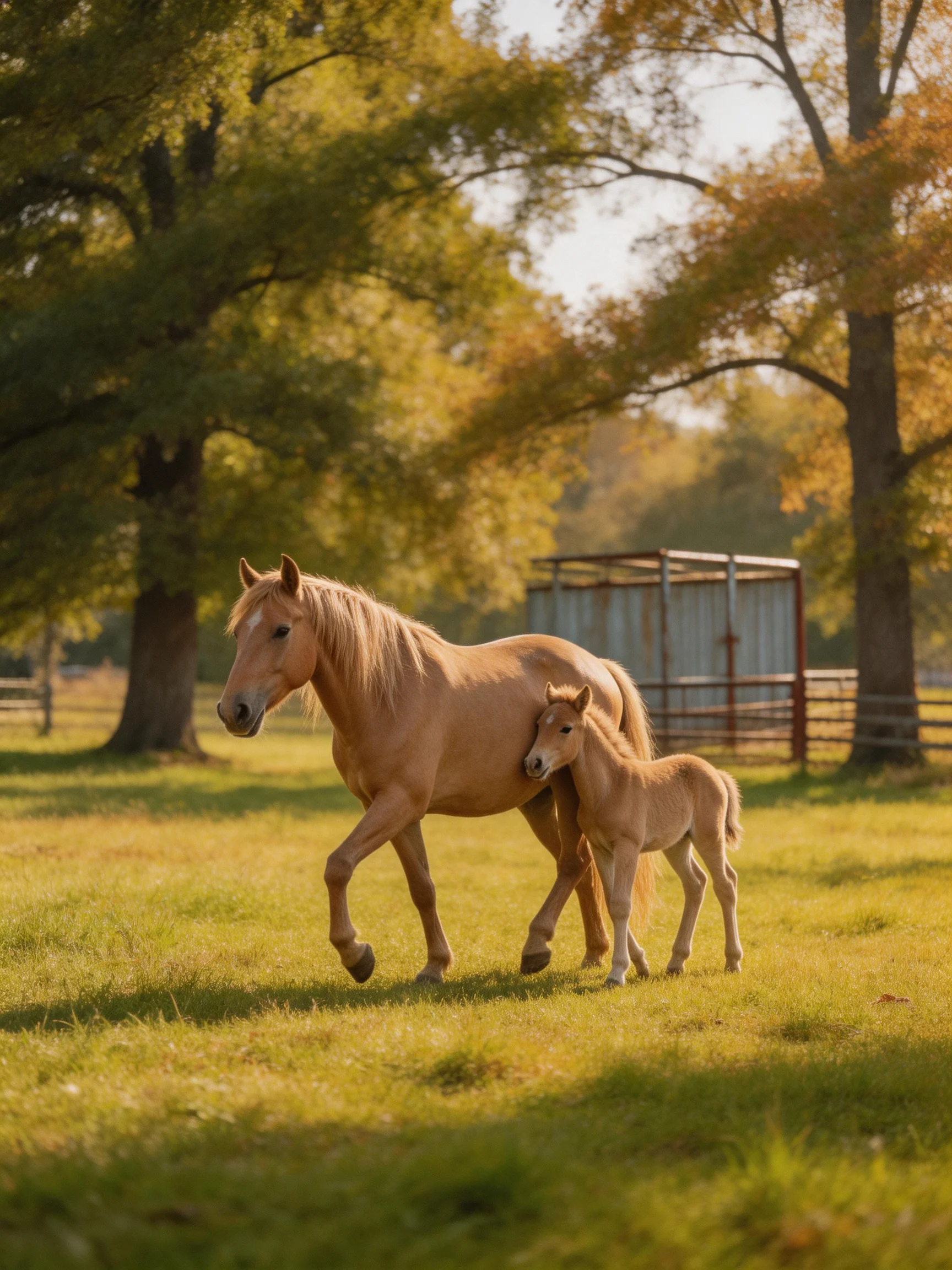 A golden mare and foal walk through a sunlit green pasture